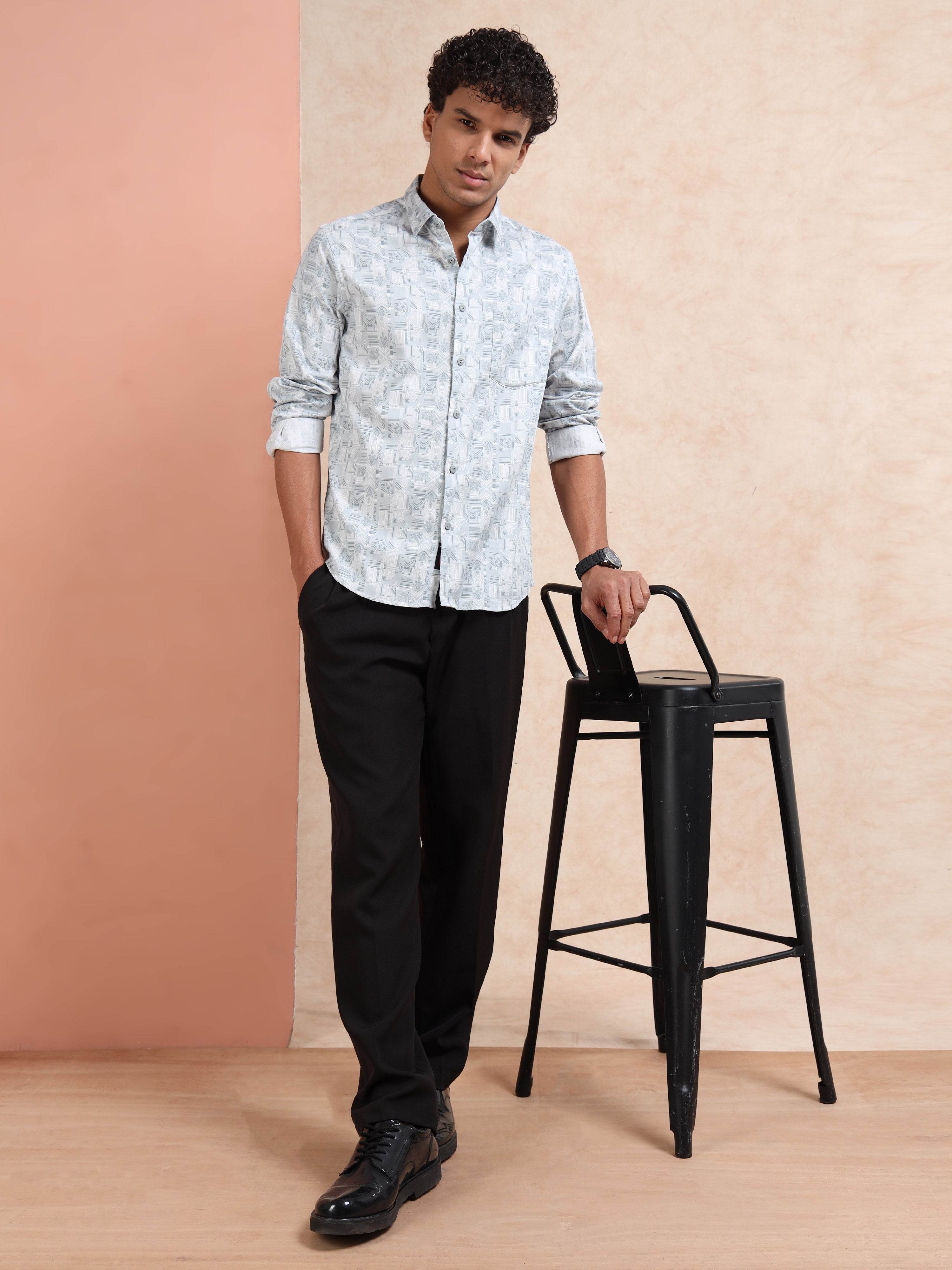 MEN'S LT.BLUE PRINT SLIM FIT SHIRT