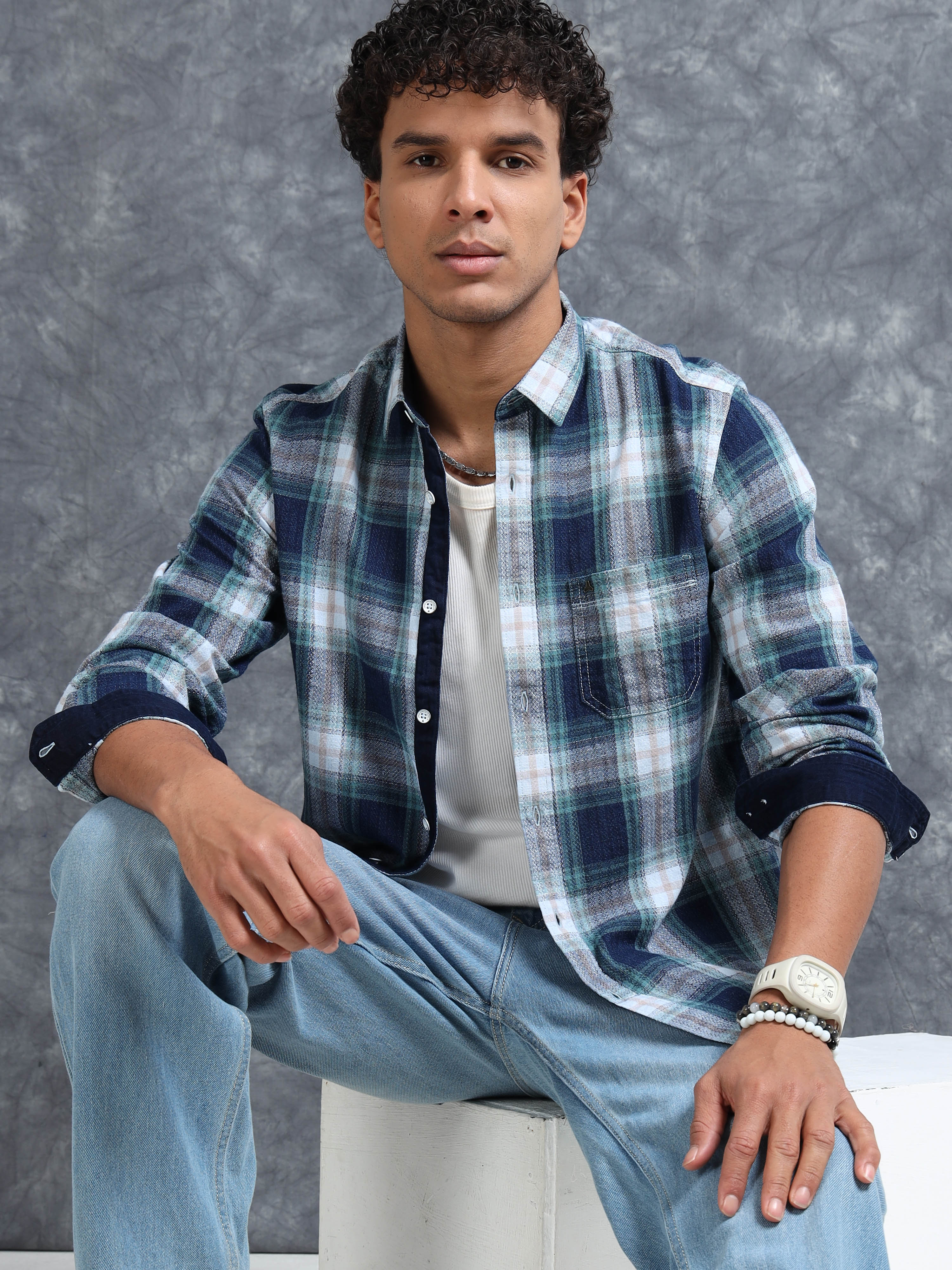 MEN'S GREEN INDIGO CHECKS SLIM FIT SHIRT