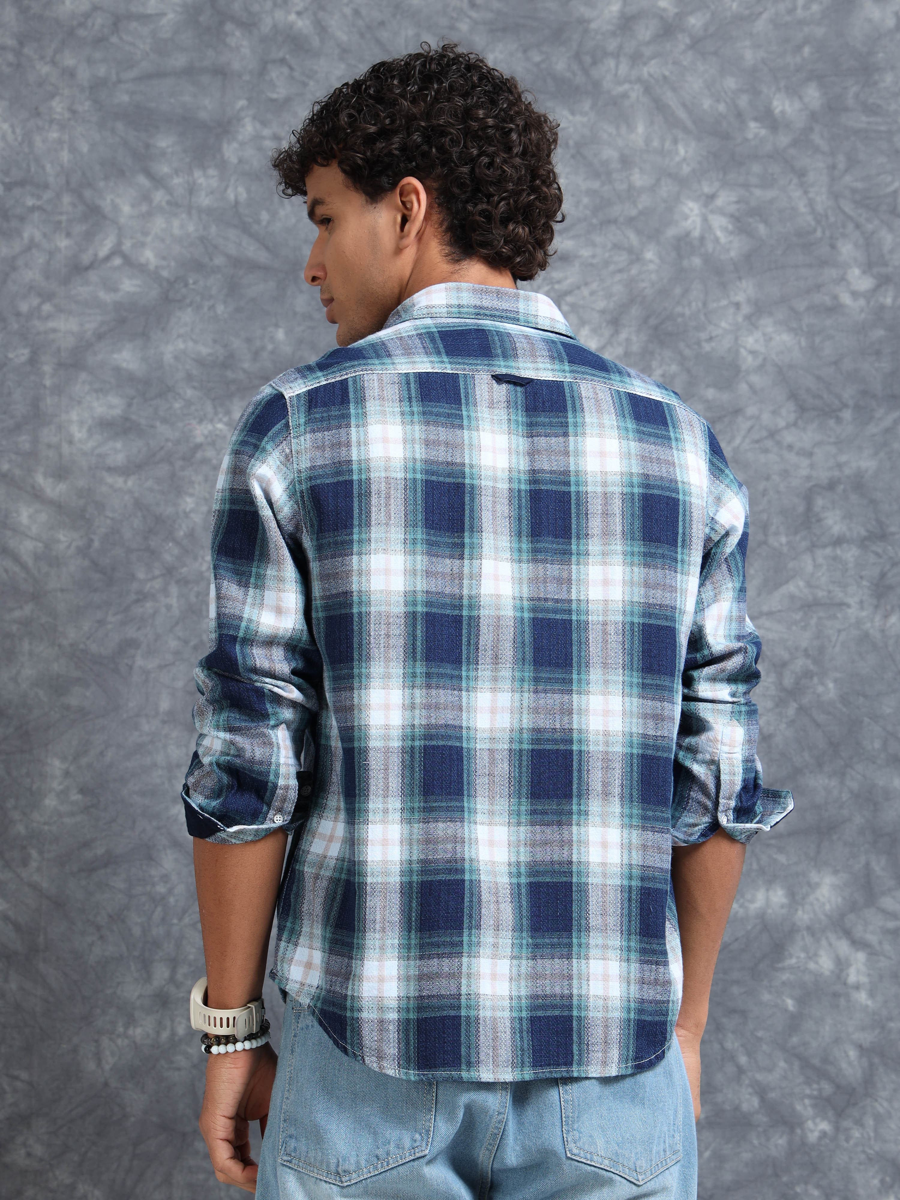 MEN'S GREEN INDIGO CHECKS SLIM FIT SHIRT