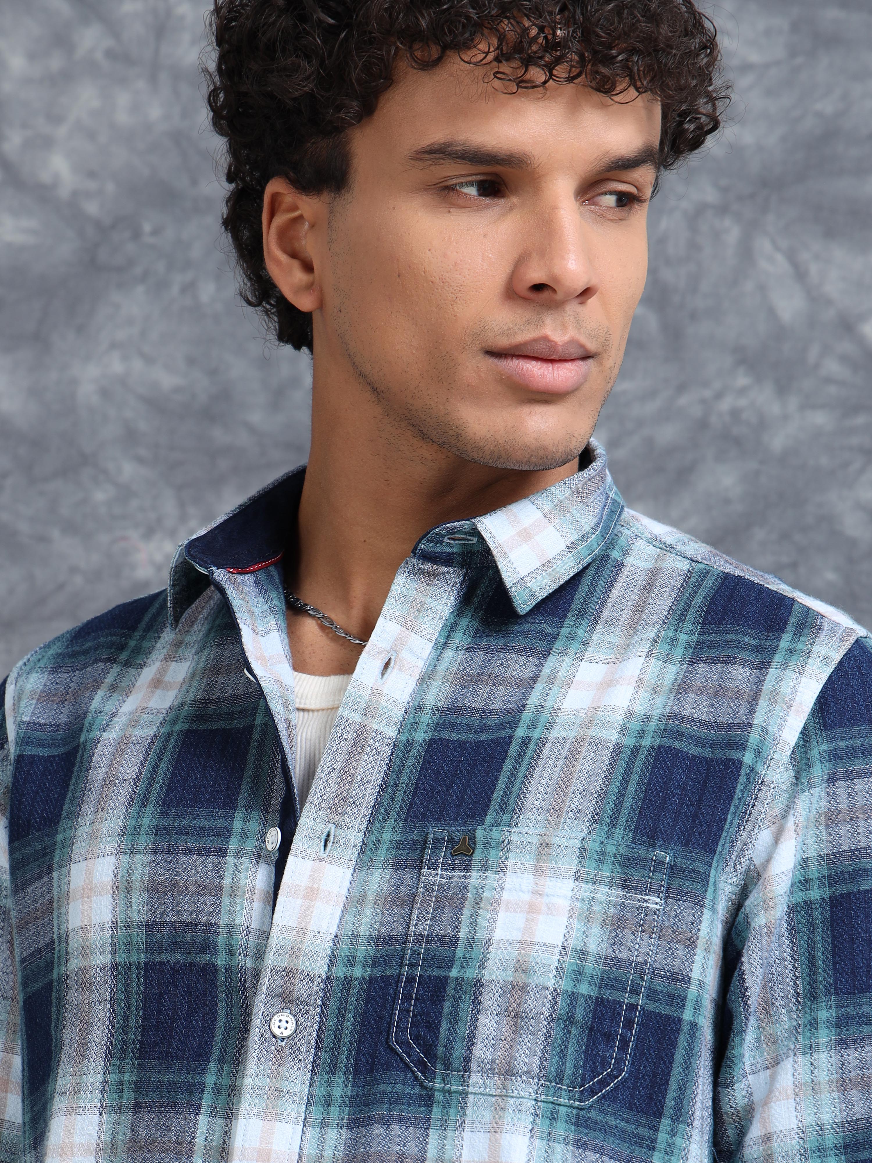 MEN'S GREEN INDIGO CHECKS SLIM FIT SHIRT