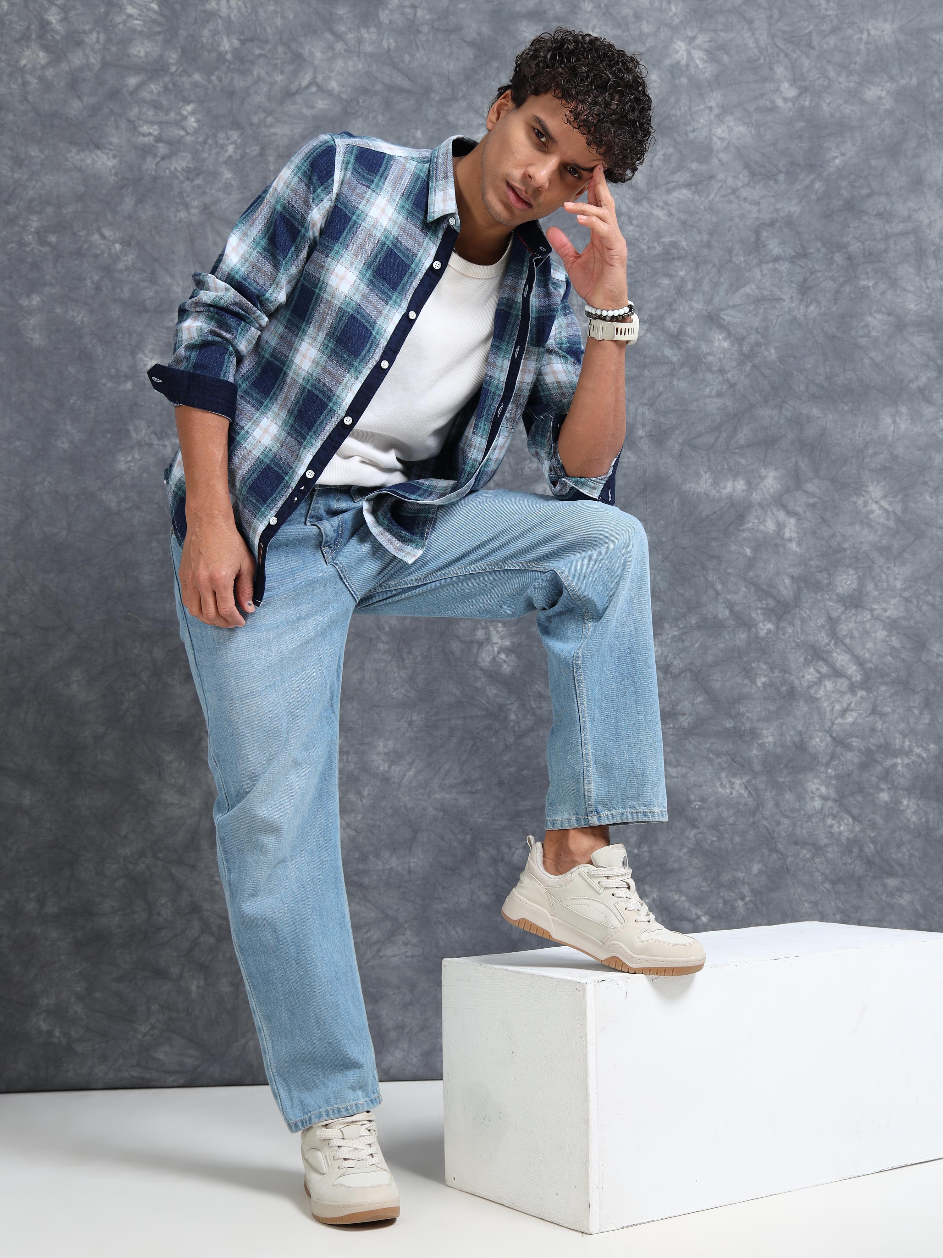 MEN'S GREEN INDIGO CHECKS SLIM FIT SHIRT