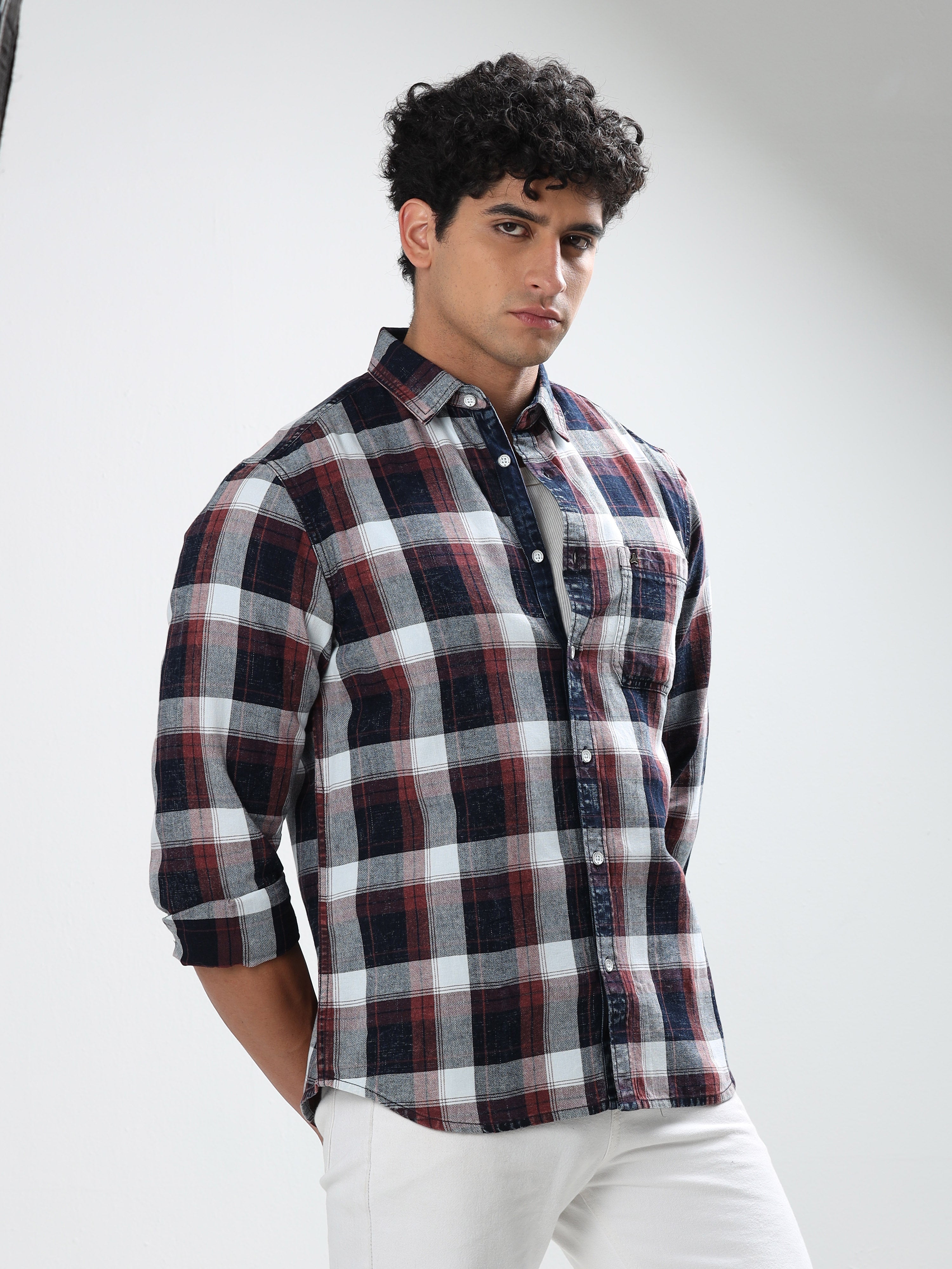 MEN'S MAROON INDIGO CHECKS SLIM FIT SHIRT