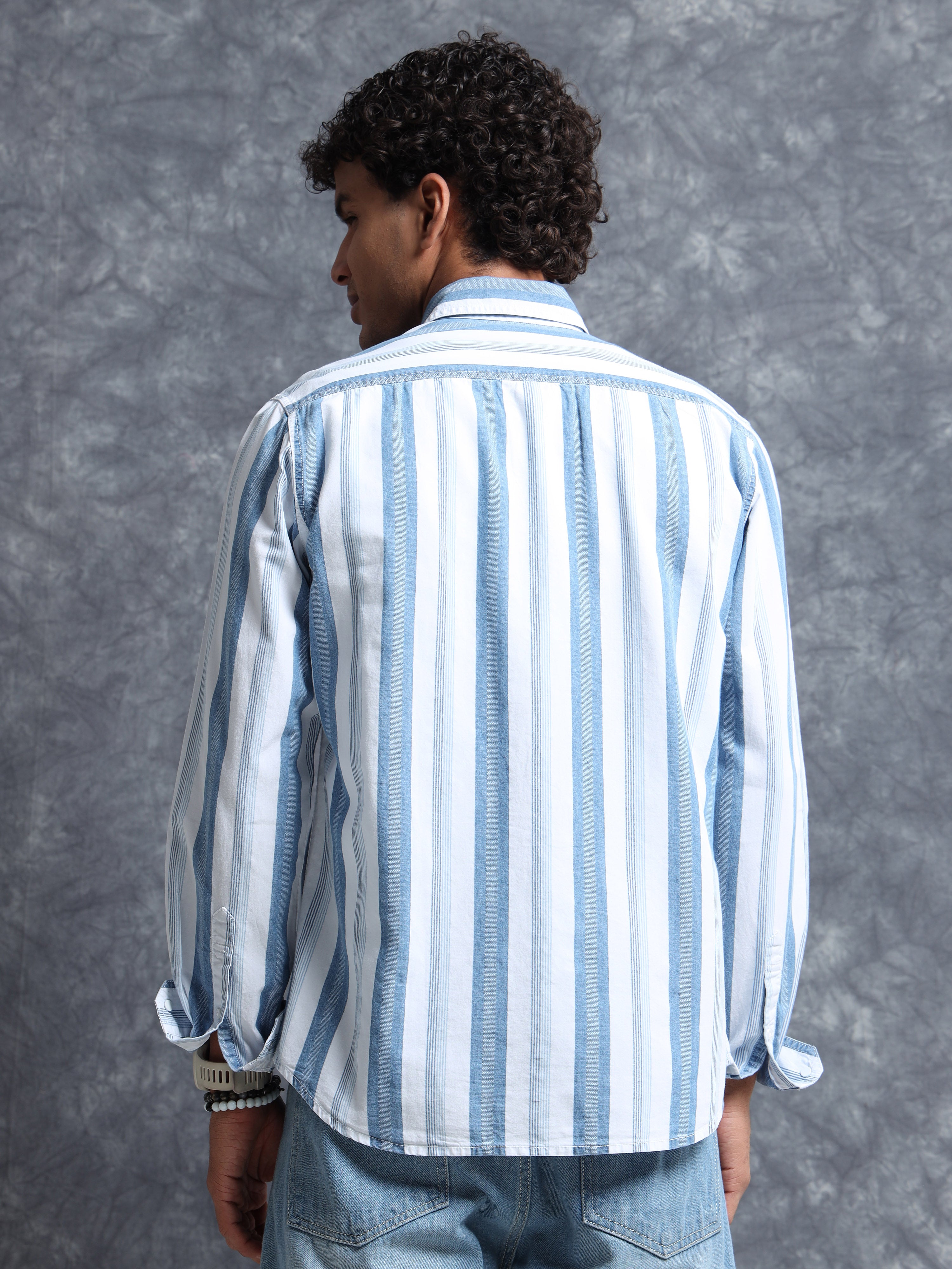 MEN'S WHITE INDIGO STRIPES SLIM FIT SHIRT