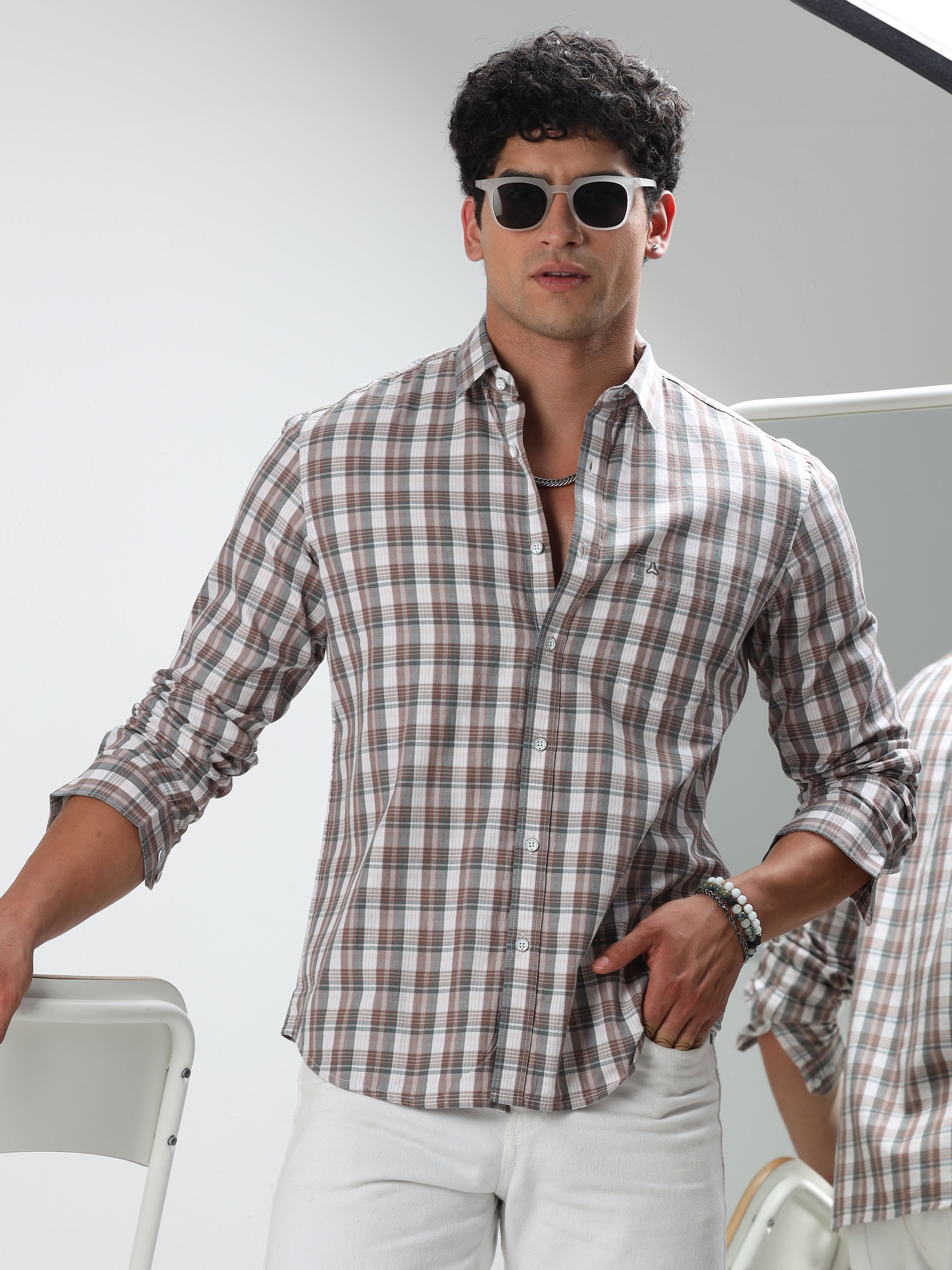 MEN'S BROWN CHECKS SLIM FIT SHIRT