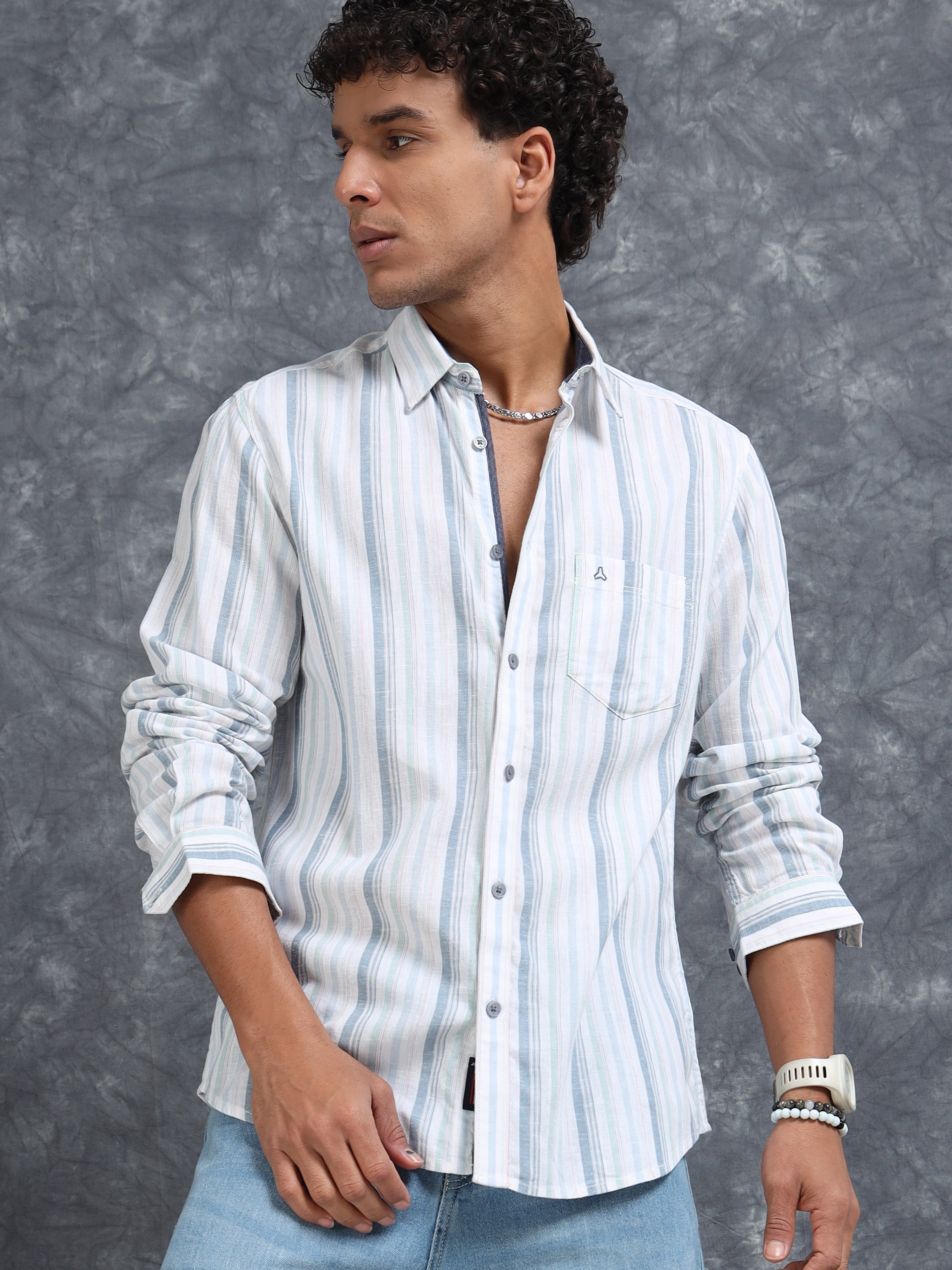 MEN'S LT.GREEN STRIPE SLIM FIT SHIRT