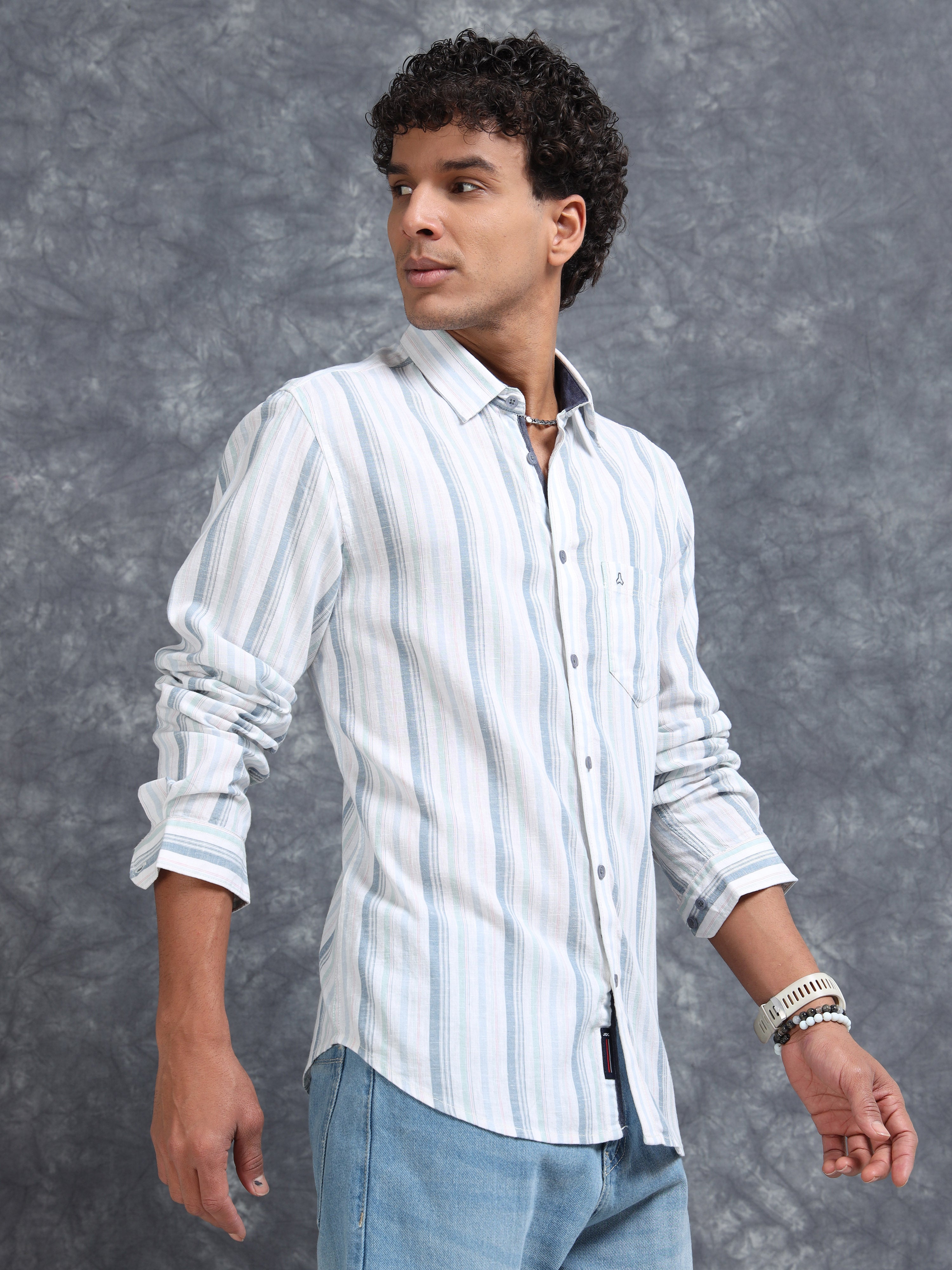 MEN'S LT.GREEN STRIPE SLIM FIT SHIRT