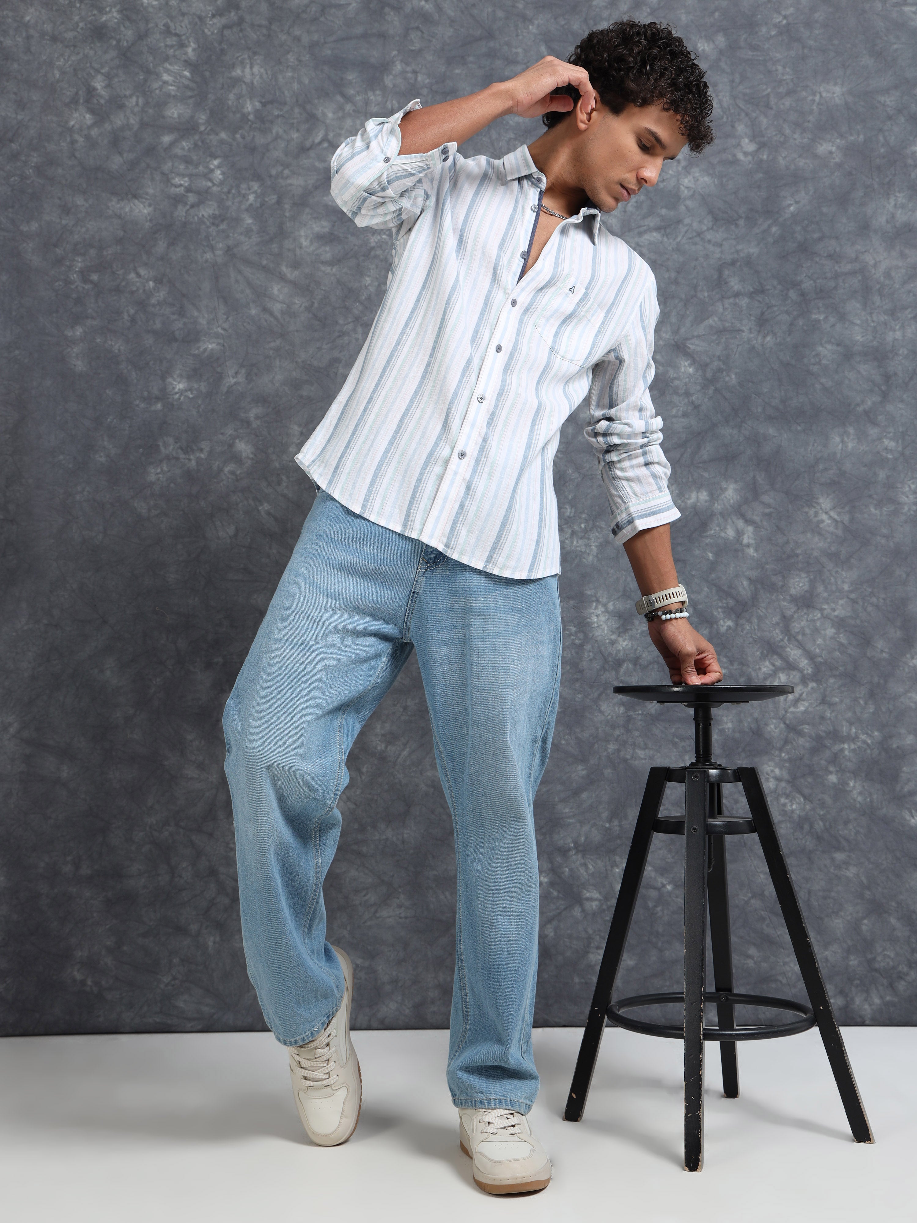 MEN'S LT.GREEN STRIPE SLIM FIT SHIRT