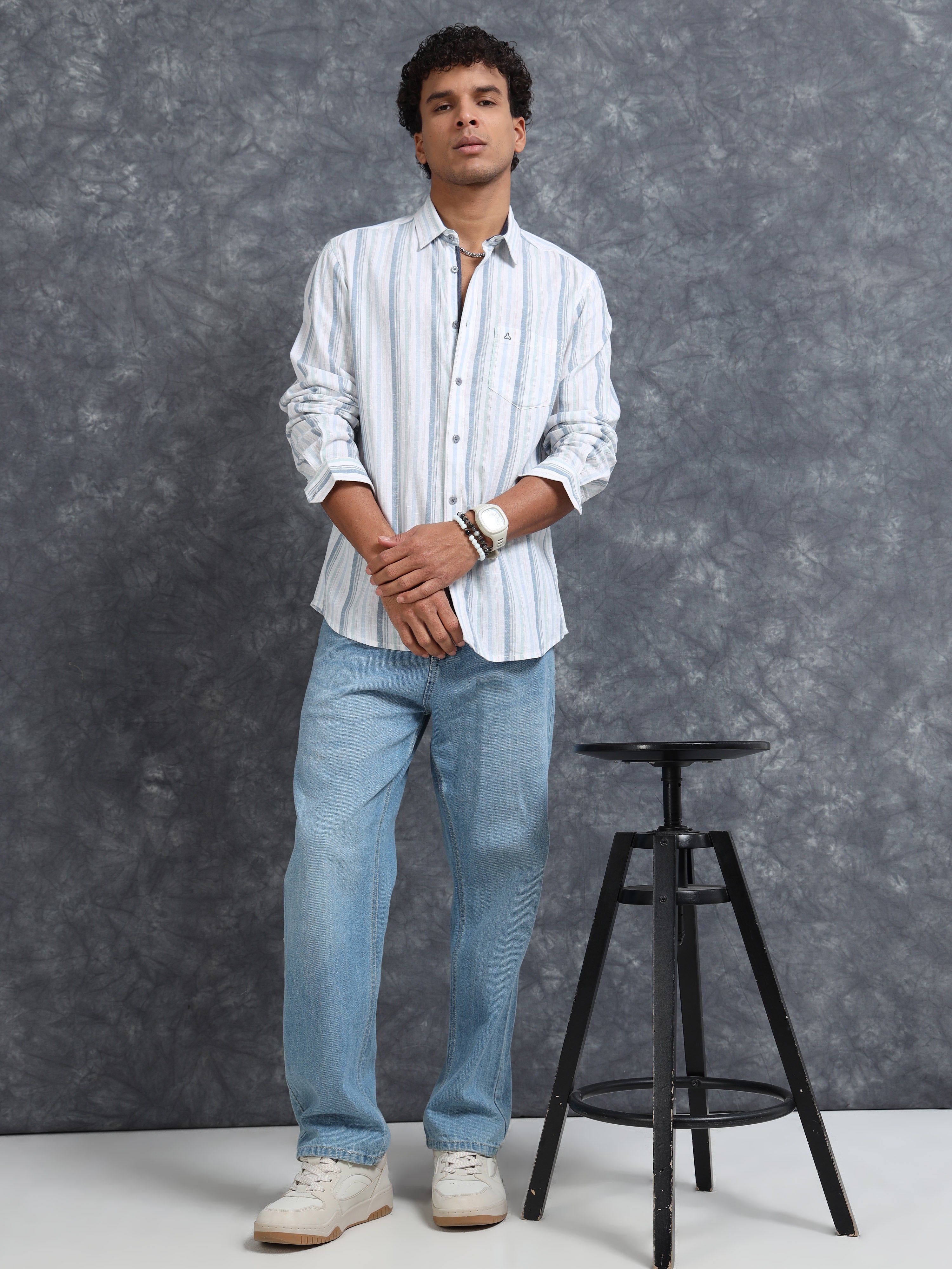 MEN'S LT.GREEN STRIPE SLIM FIT SHIRT