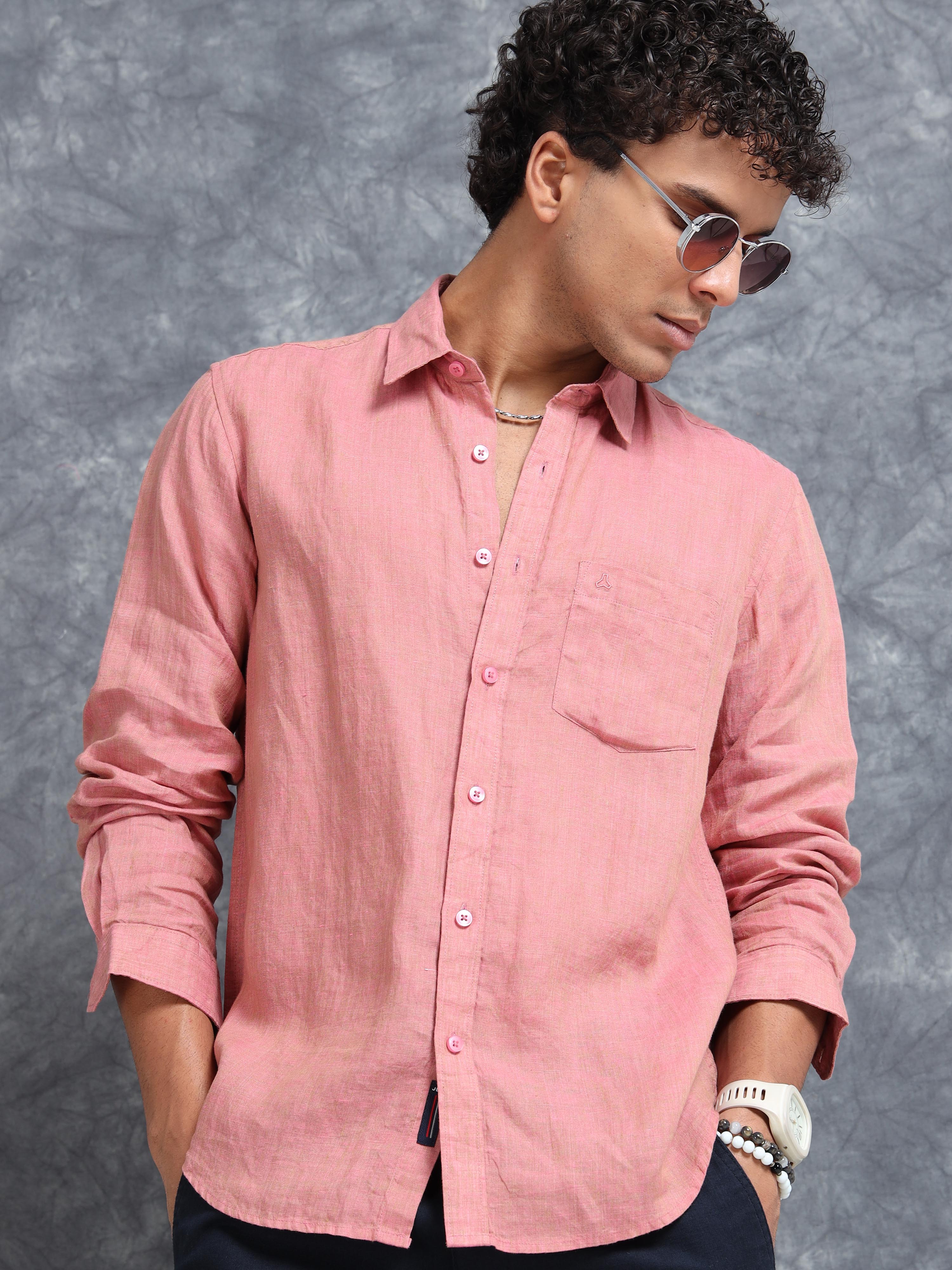 MEN'S ONION PINK SOLID SLIM FIT LINEN SHIRT