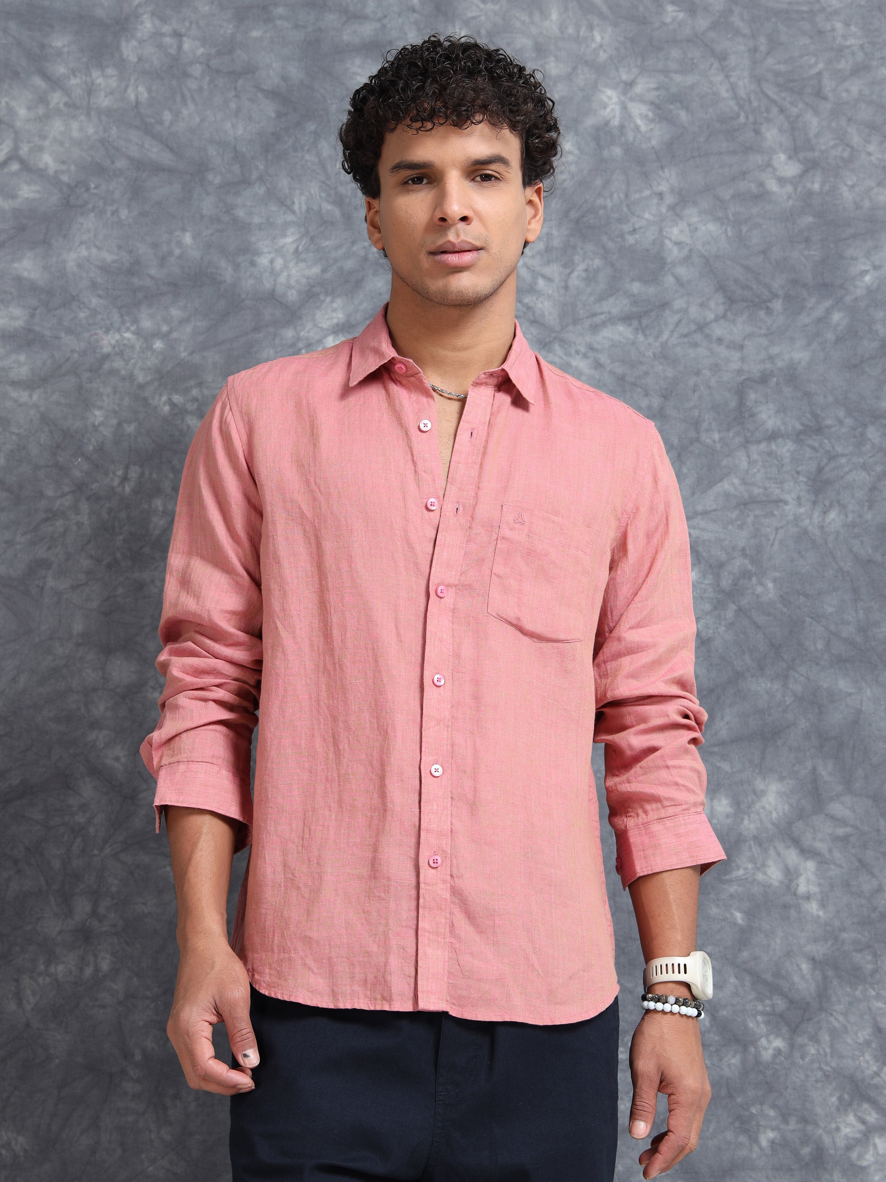 MEN'S ONION PINK SOLID SLIM FIT LINEN SHIRT