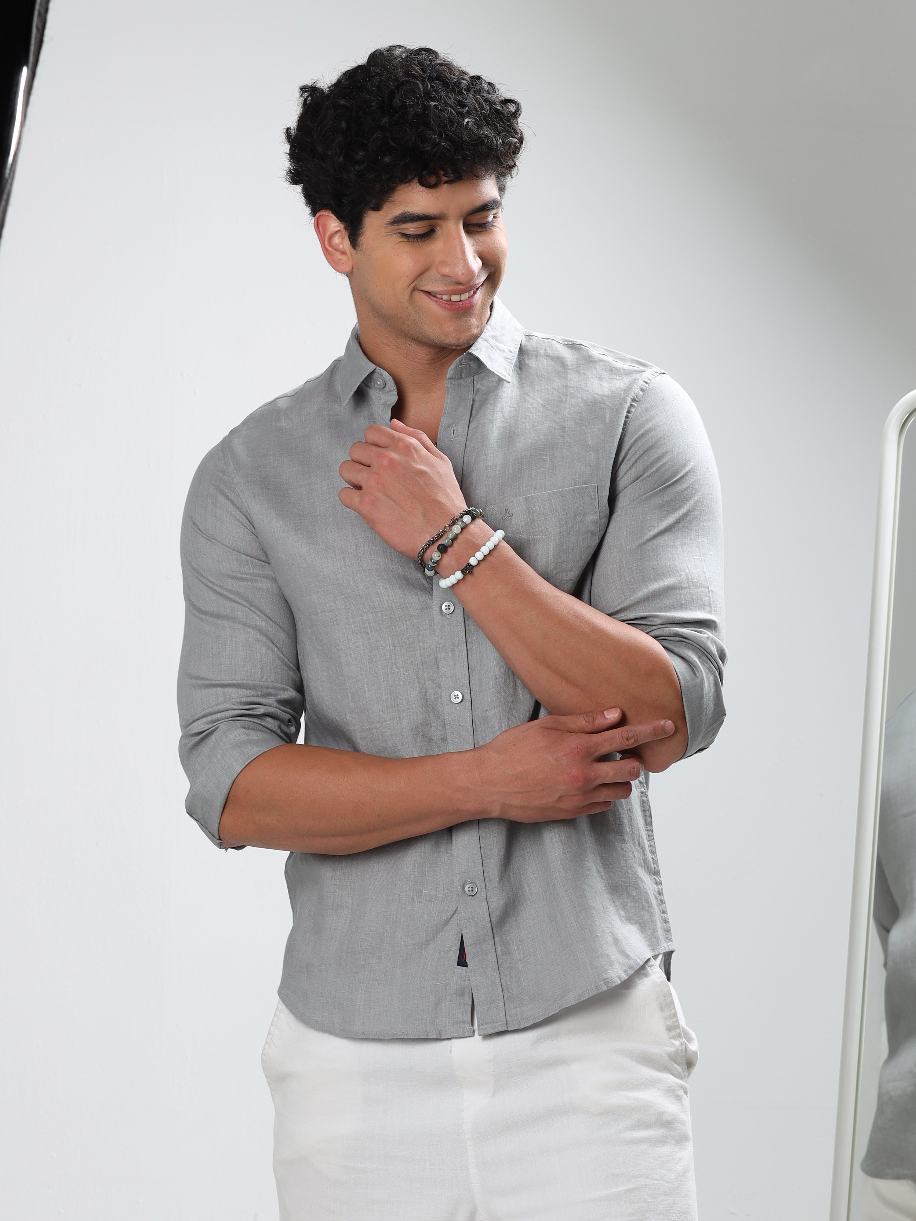 MEN'S GREY SOLID SLIM FIT LINEN SHIRT