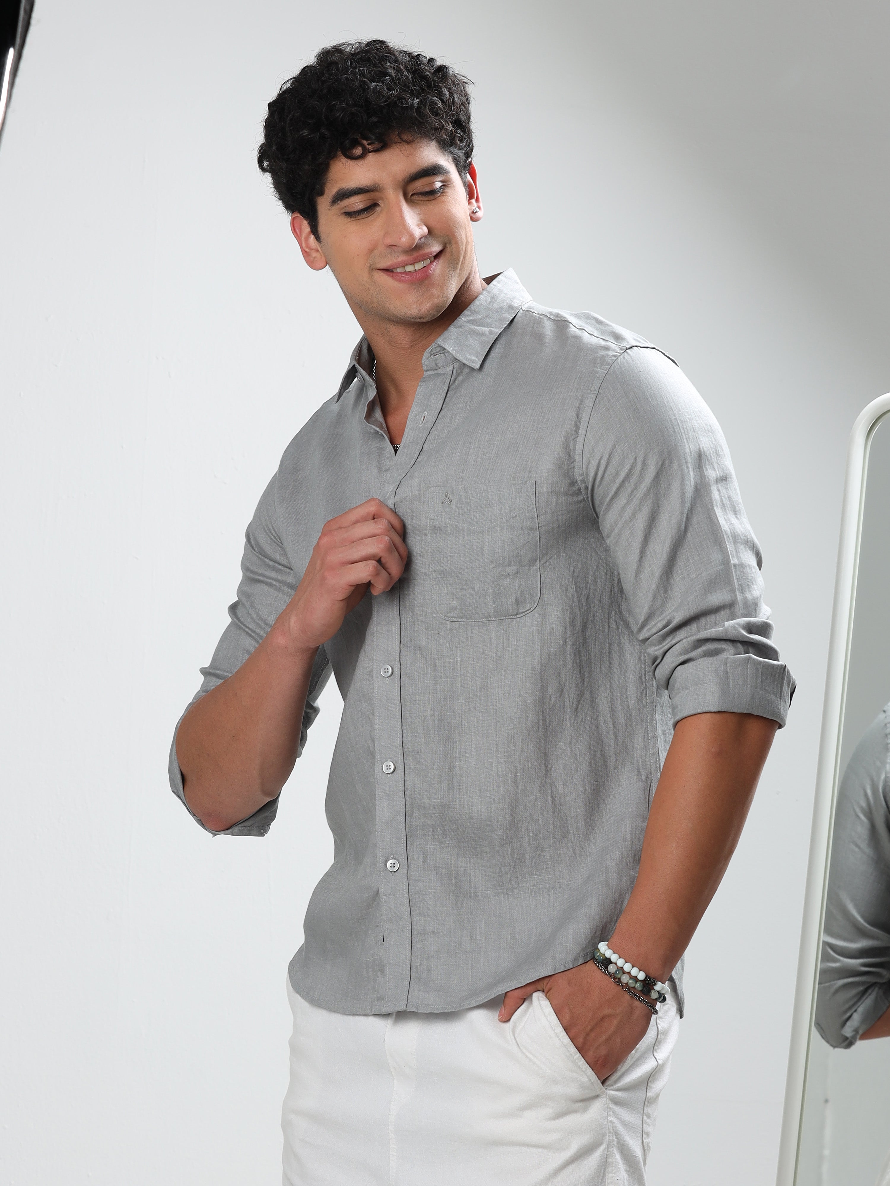 MEN'S GREY SOLID SLIM FIT LINEN SHIRT