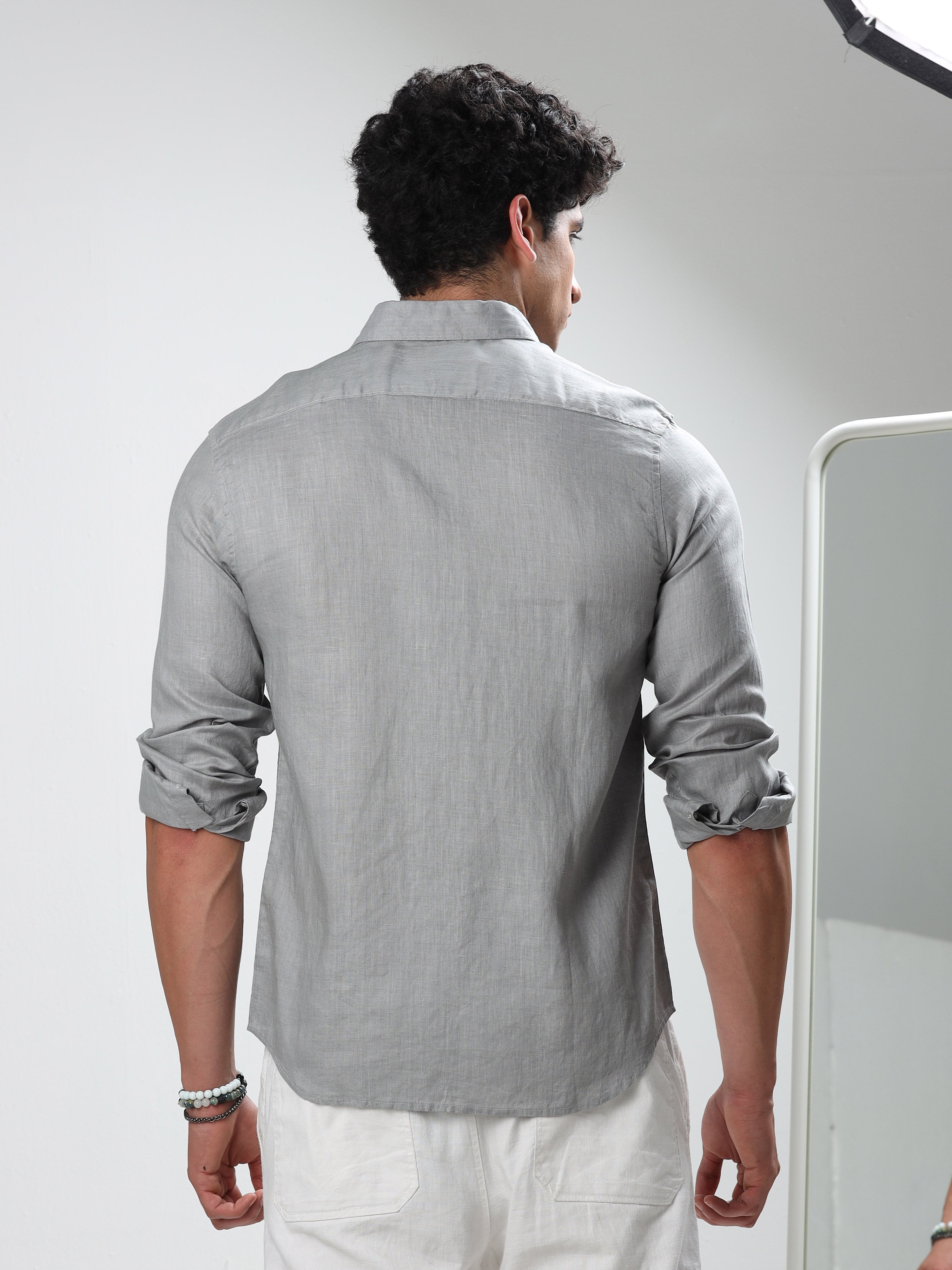 MEN'S GREY SOLID SLIM FIT LINEN SHIRT