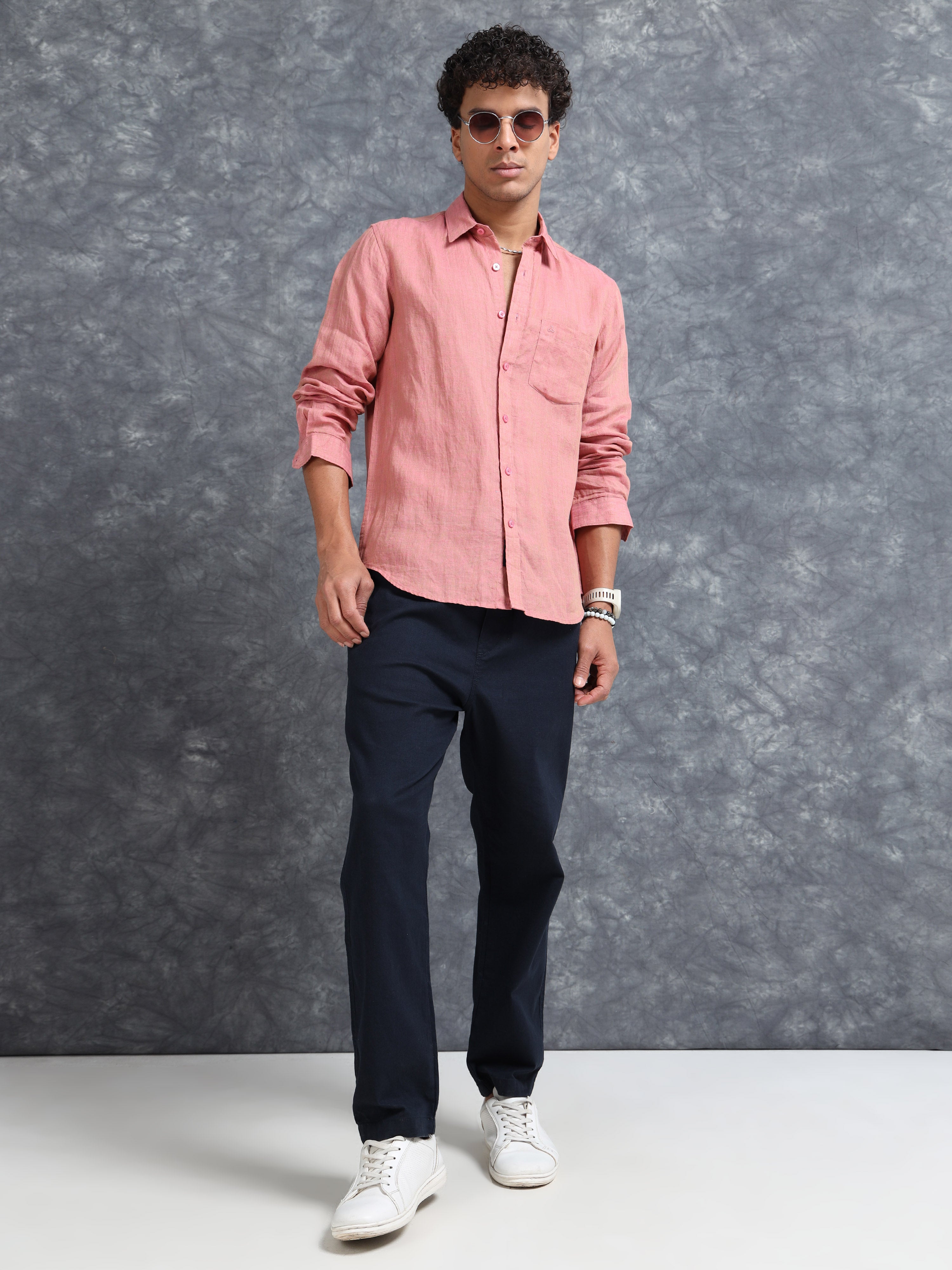 MEN'S ONION PINK SOLID SLIM FIT LINEN SHIRT