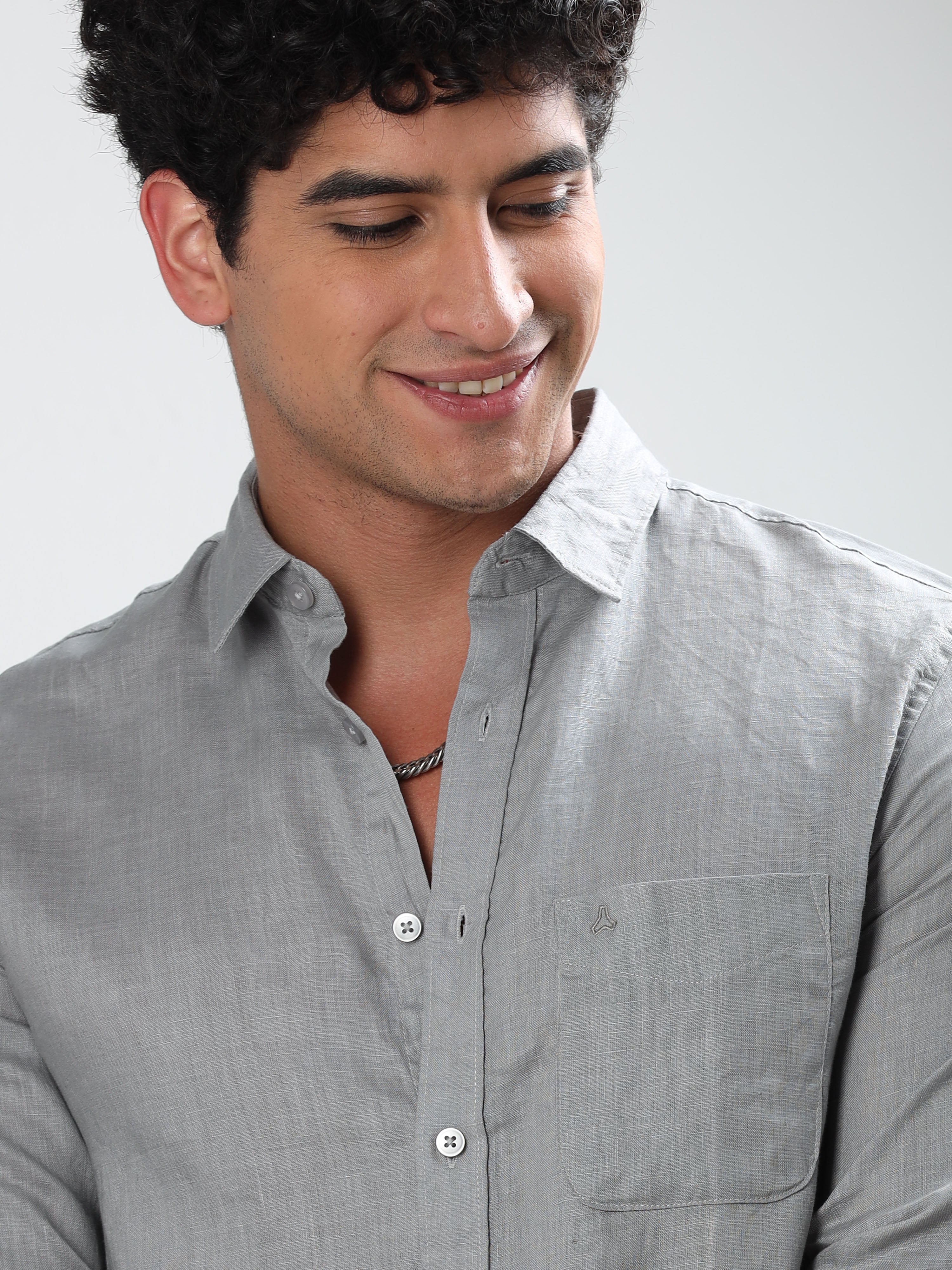 MEN'S GREY SOLID SLIM FIT LINEN SHIRT
