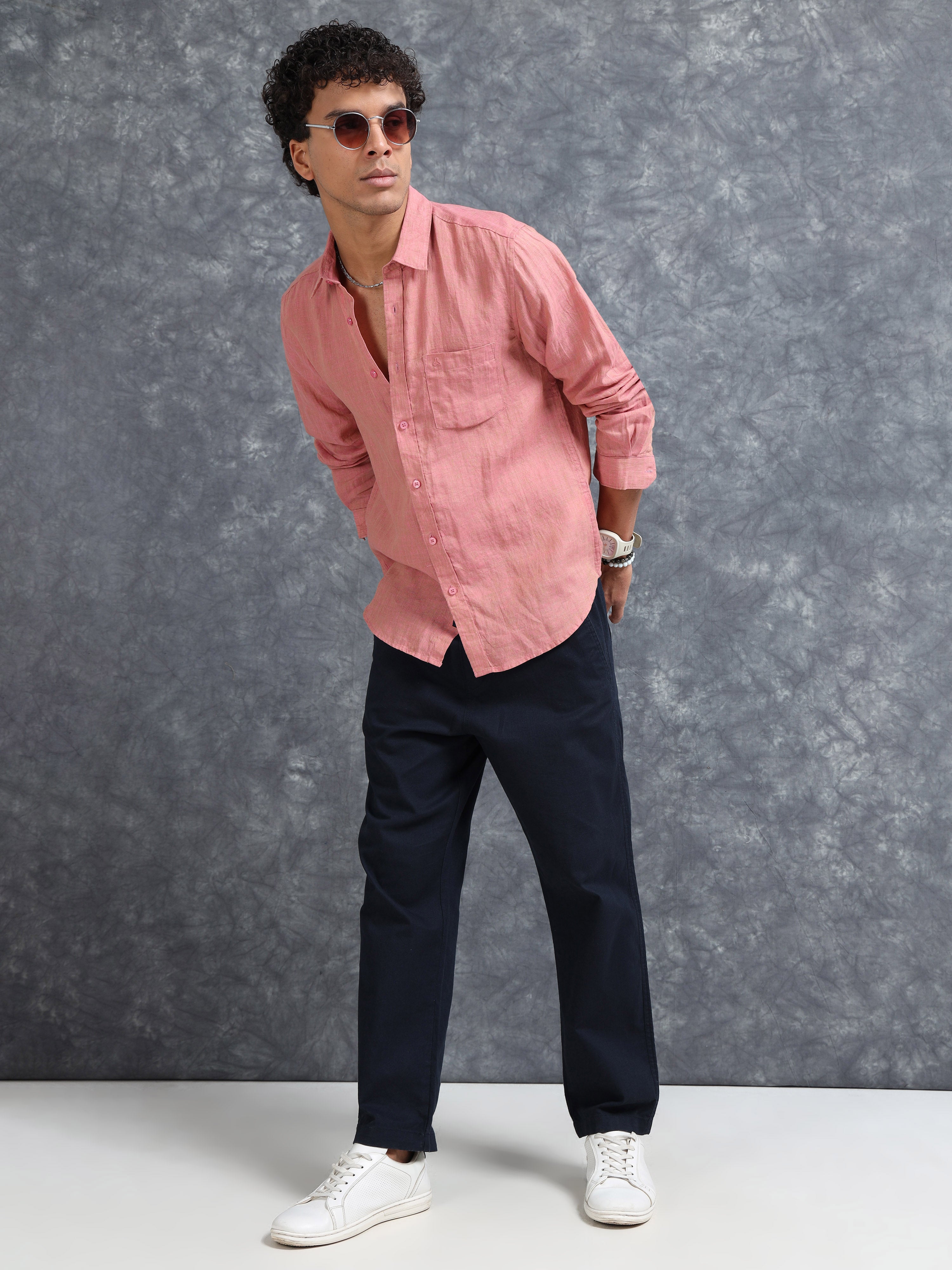 MEN'S ONION PINK SOLID SLIM FIT LINEN SHIRT