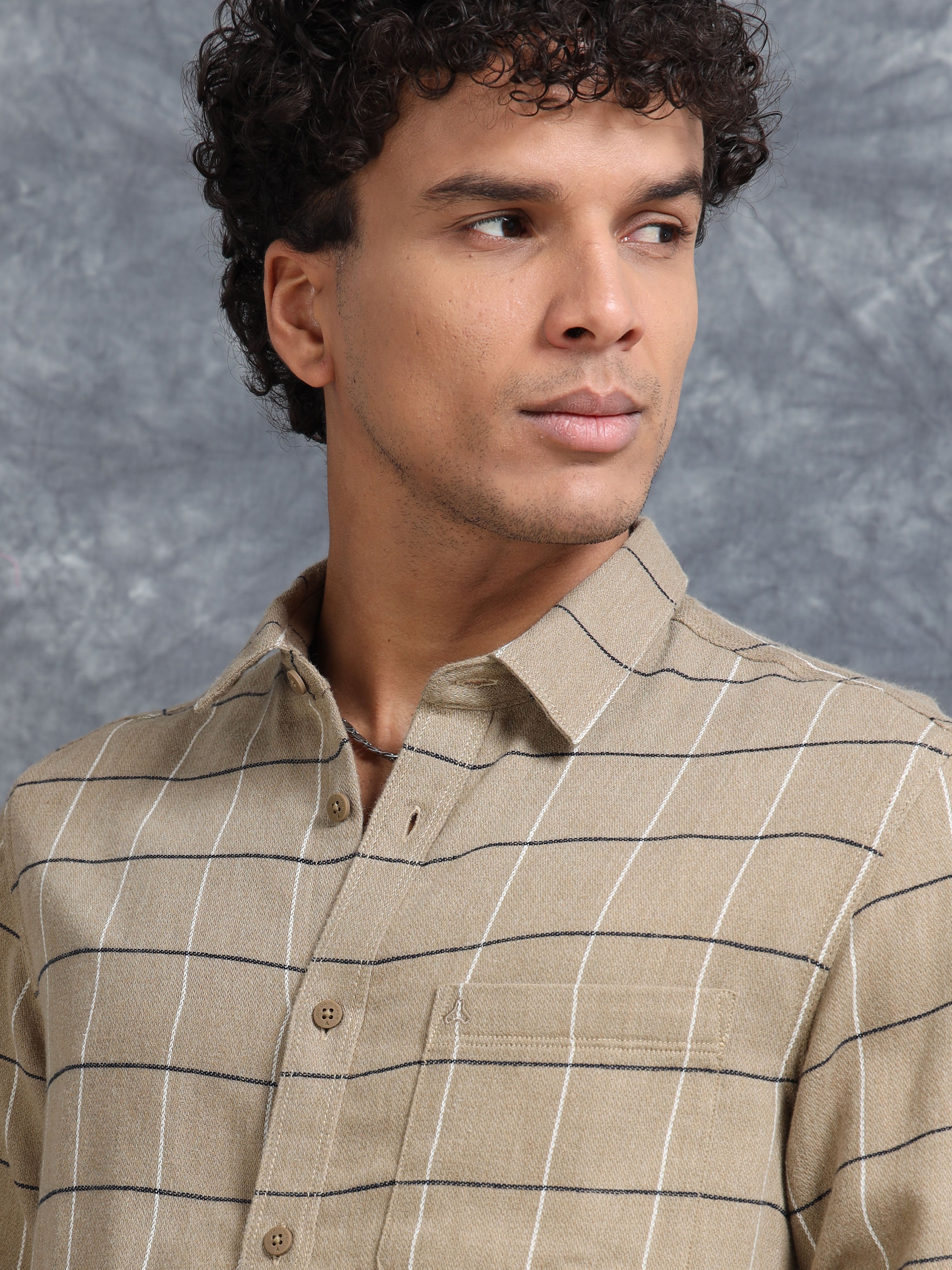 MEN'S DK.KHAKI CHECKS SLIM FIT SHIRT