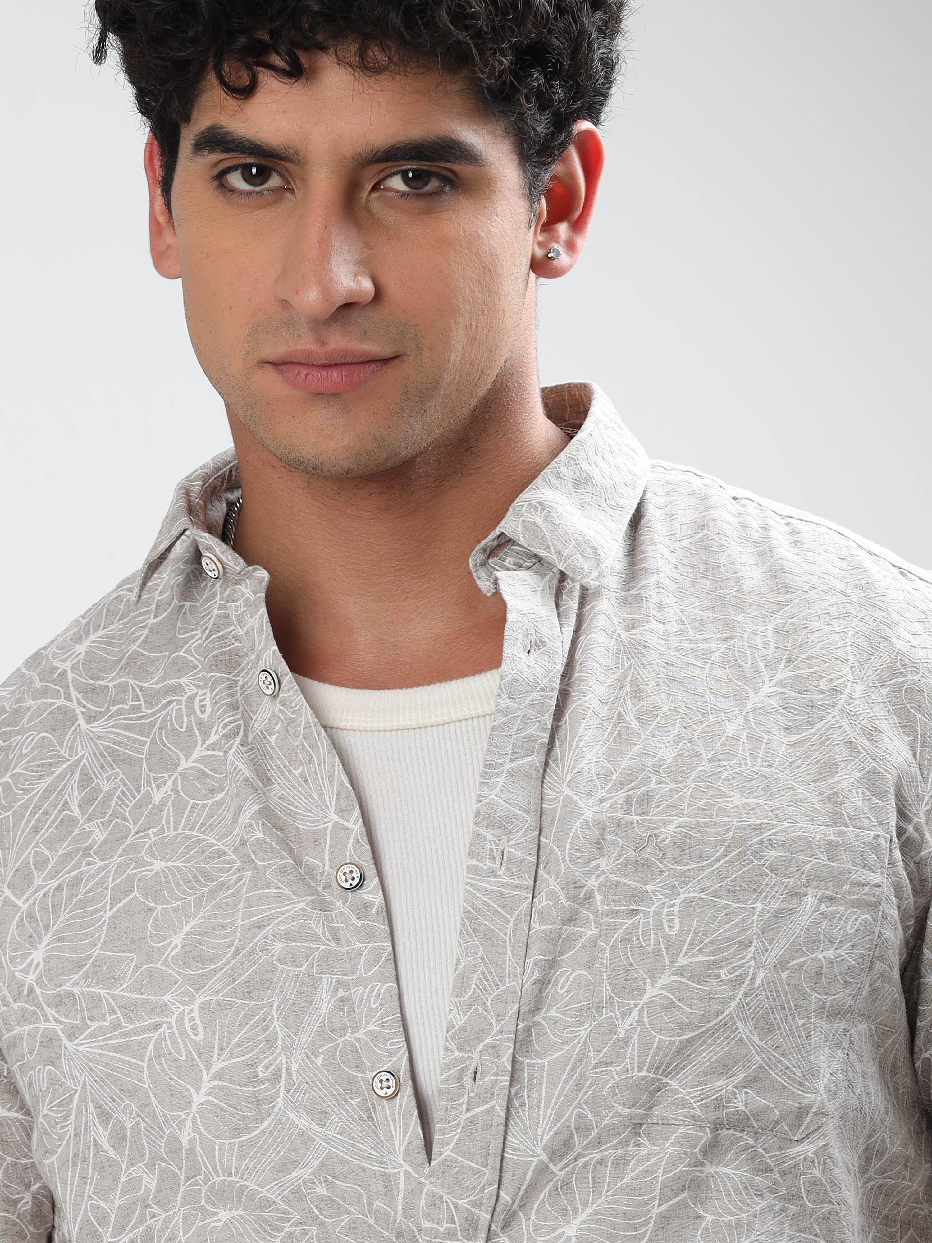 MEN'S BEIGE PRINT SLIM FIT SHIRT