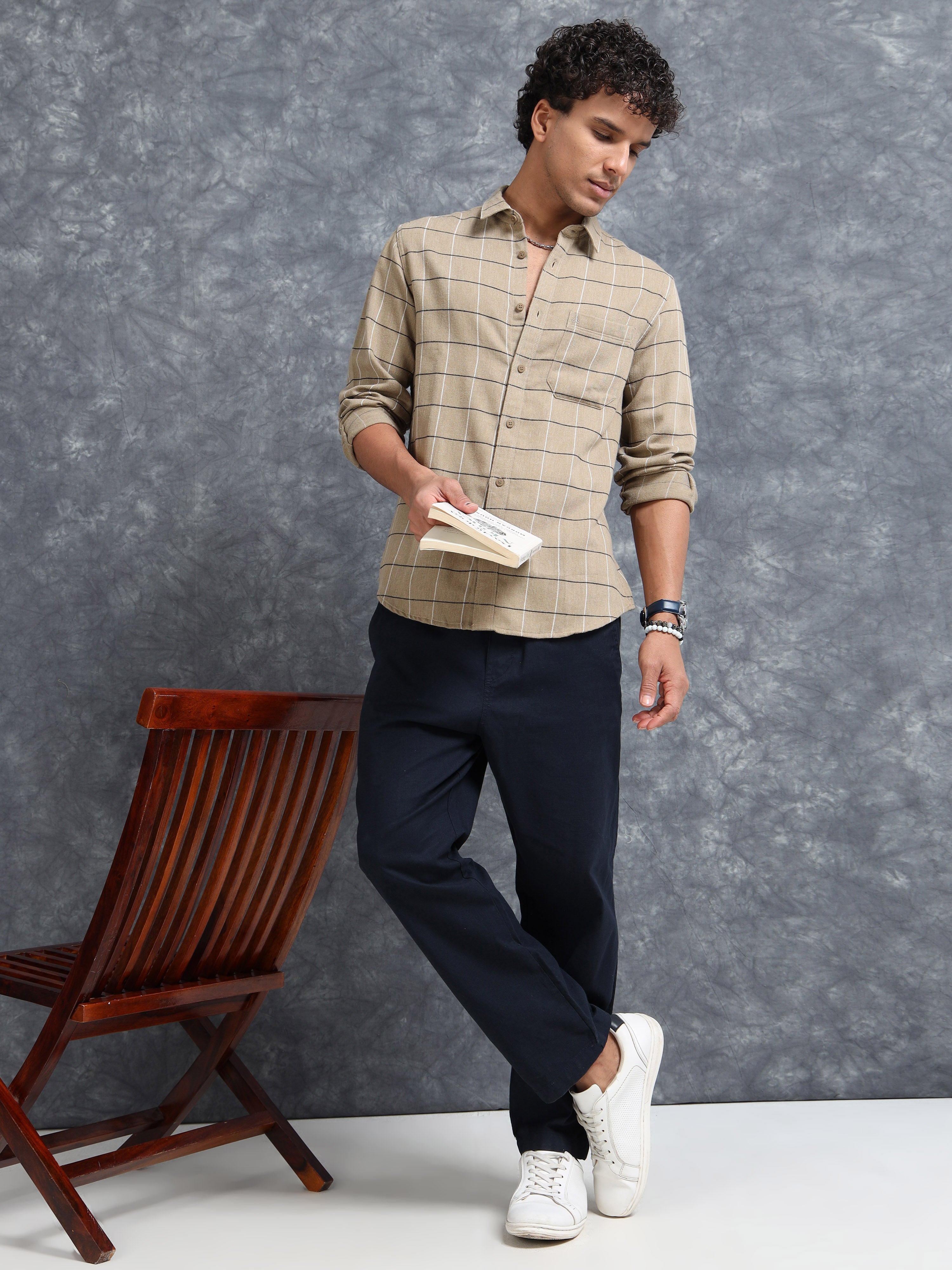 MEN'S DK.KHAKI CHECKS SLIM FIT SHIRT