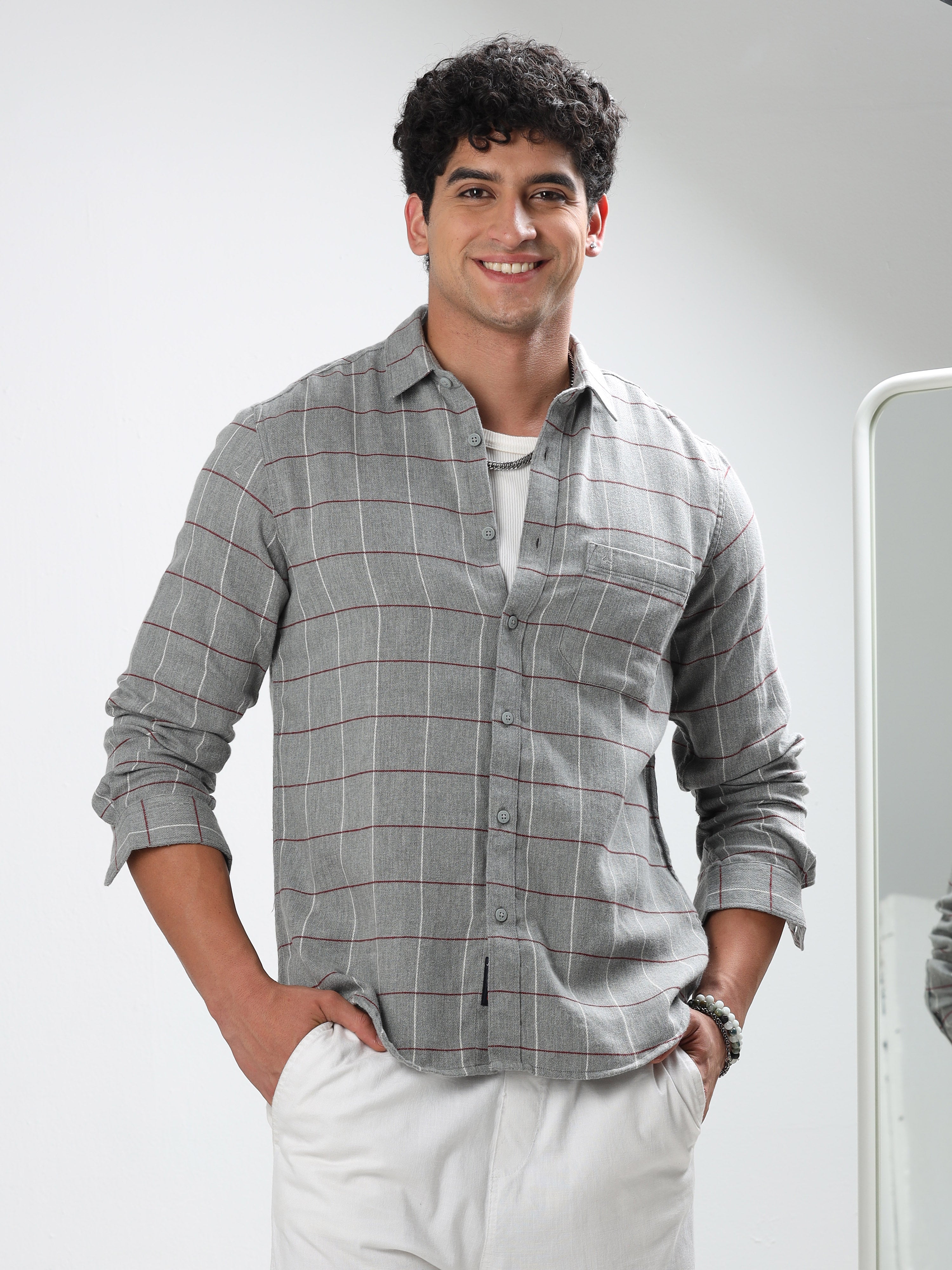 MEN'S GREY CHECKS SLIM FIT SHIRT