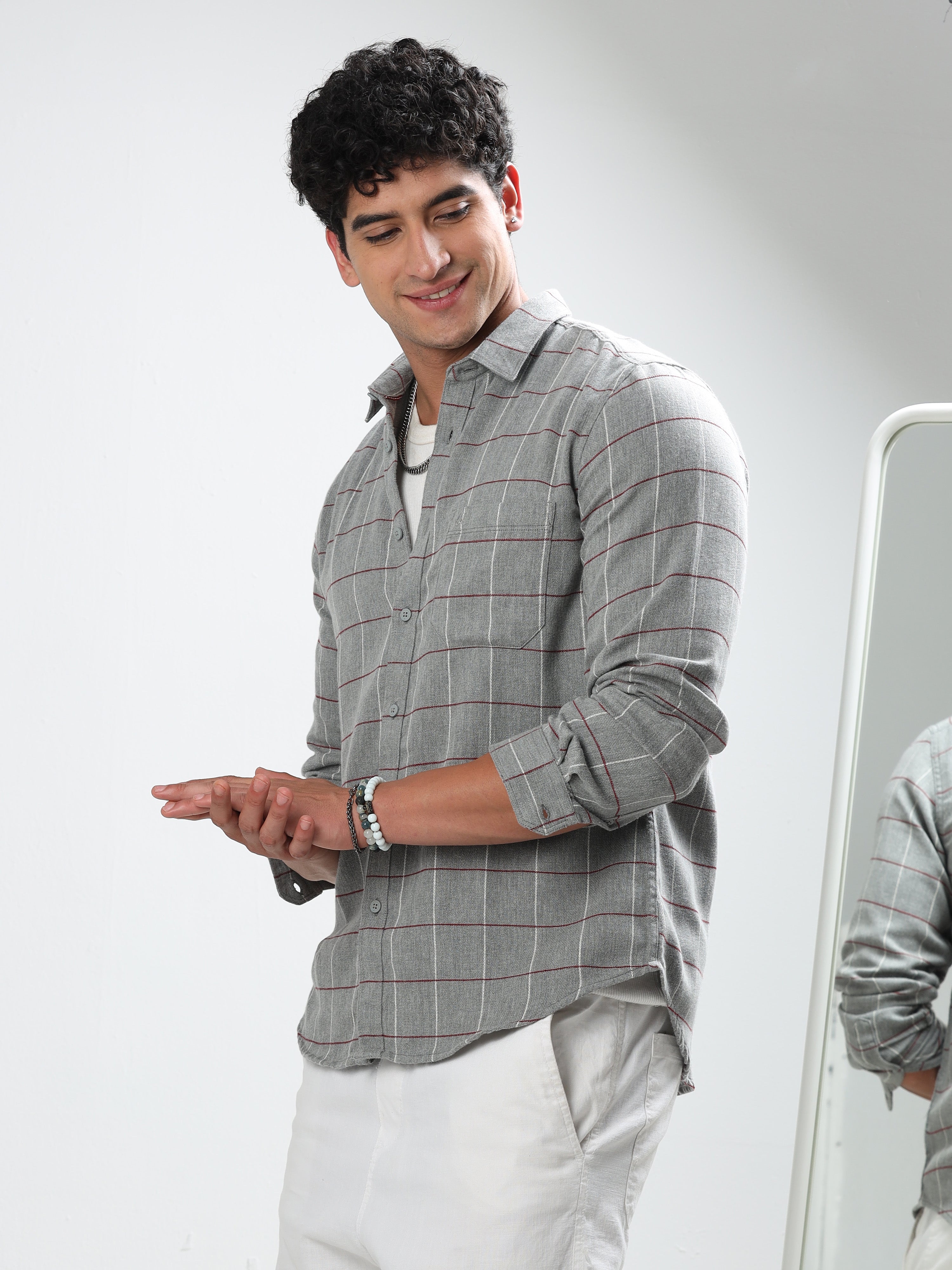 MEN'S GREY CHECKS SLIM FIT SHIRT