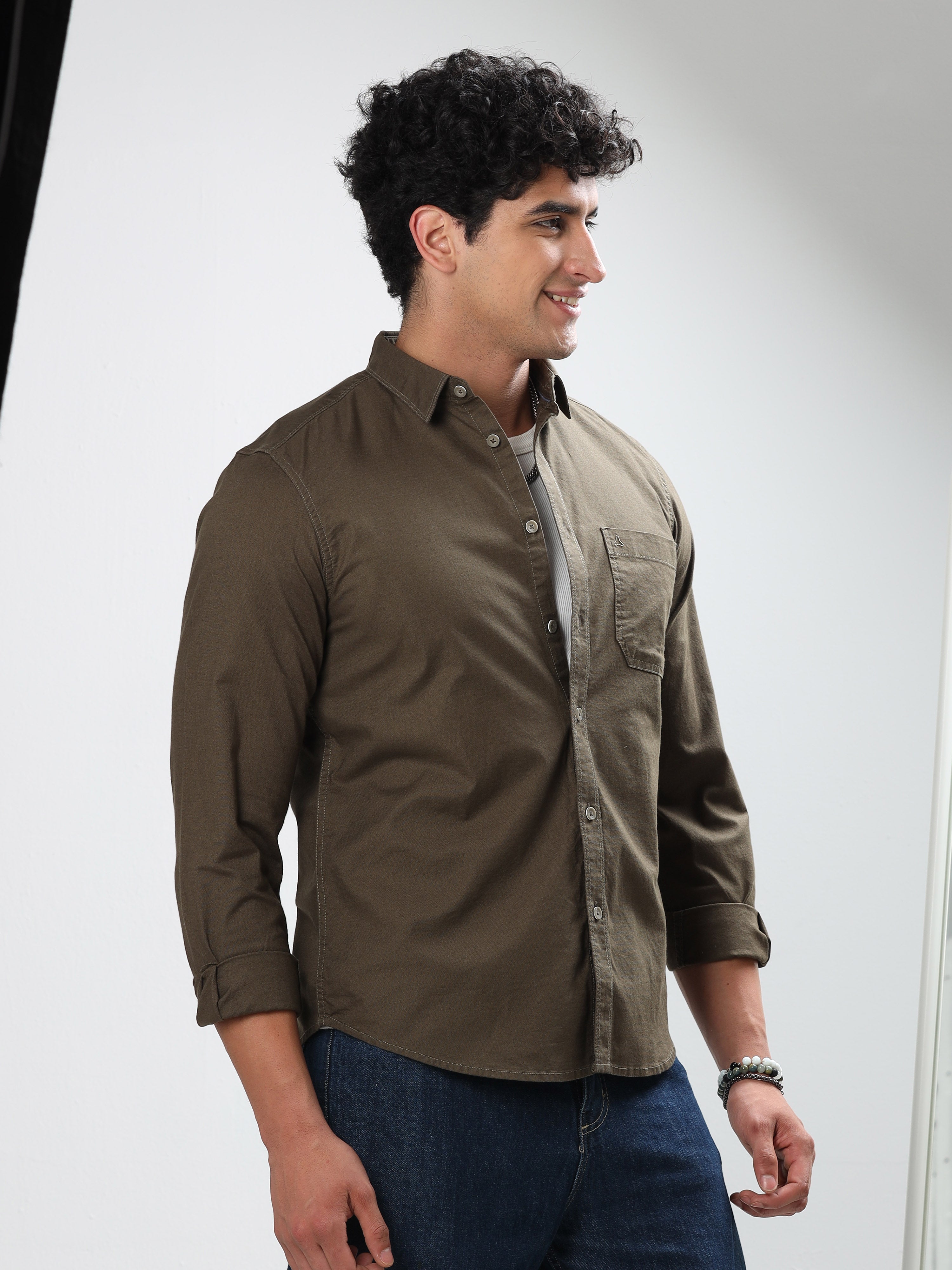 MEN'S GREENISH BROWN SOLID SLIM FIT SHIRT