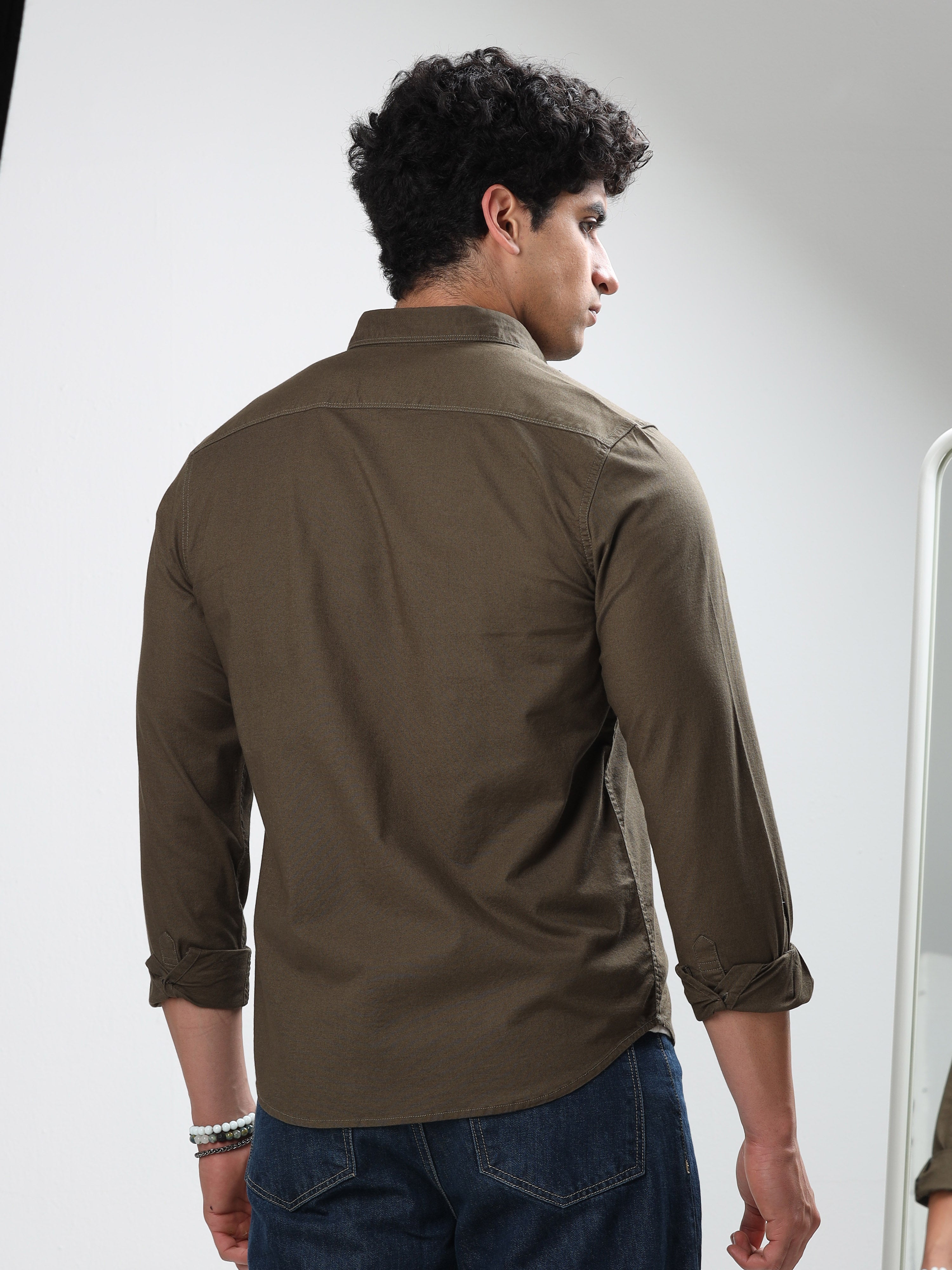 MEN'S GREENISH BROWN SOLID SLIM FIT SHIRT