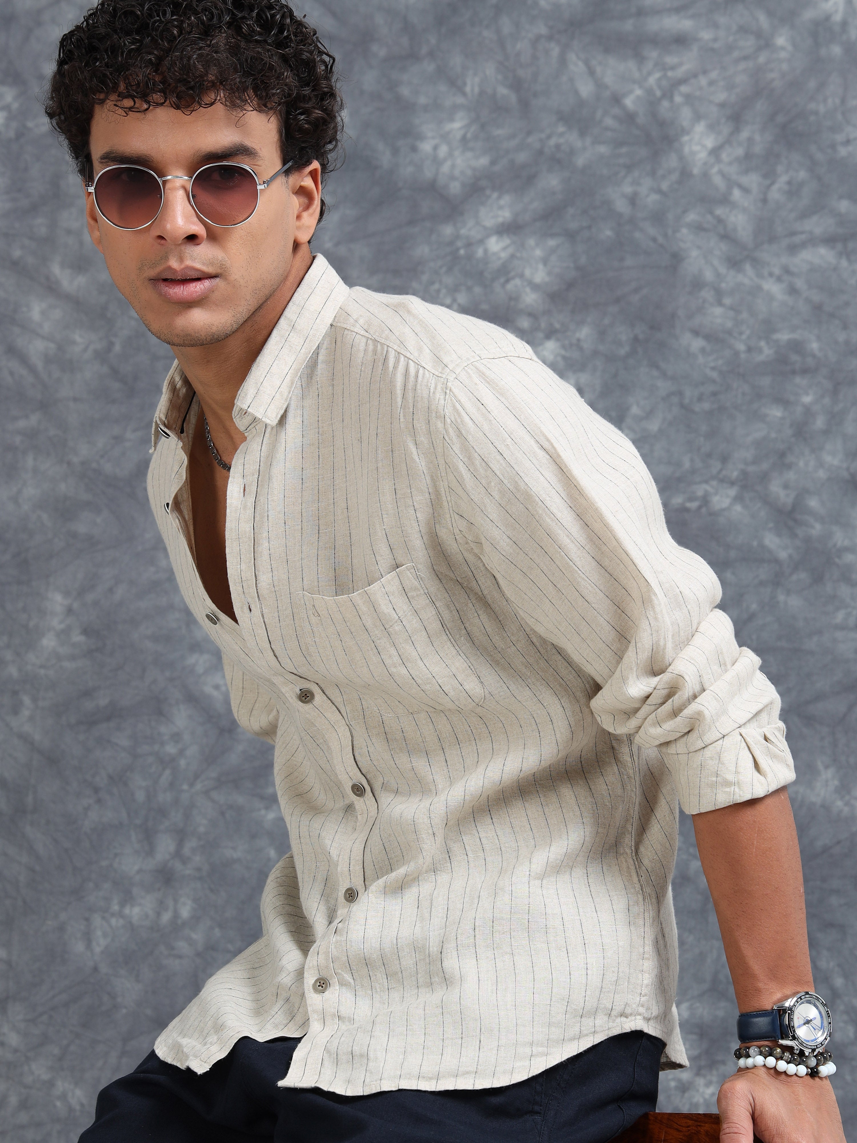 MEN'S DK.BEIGE STRIPES SLIM FIT LINEN SHIRT