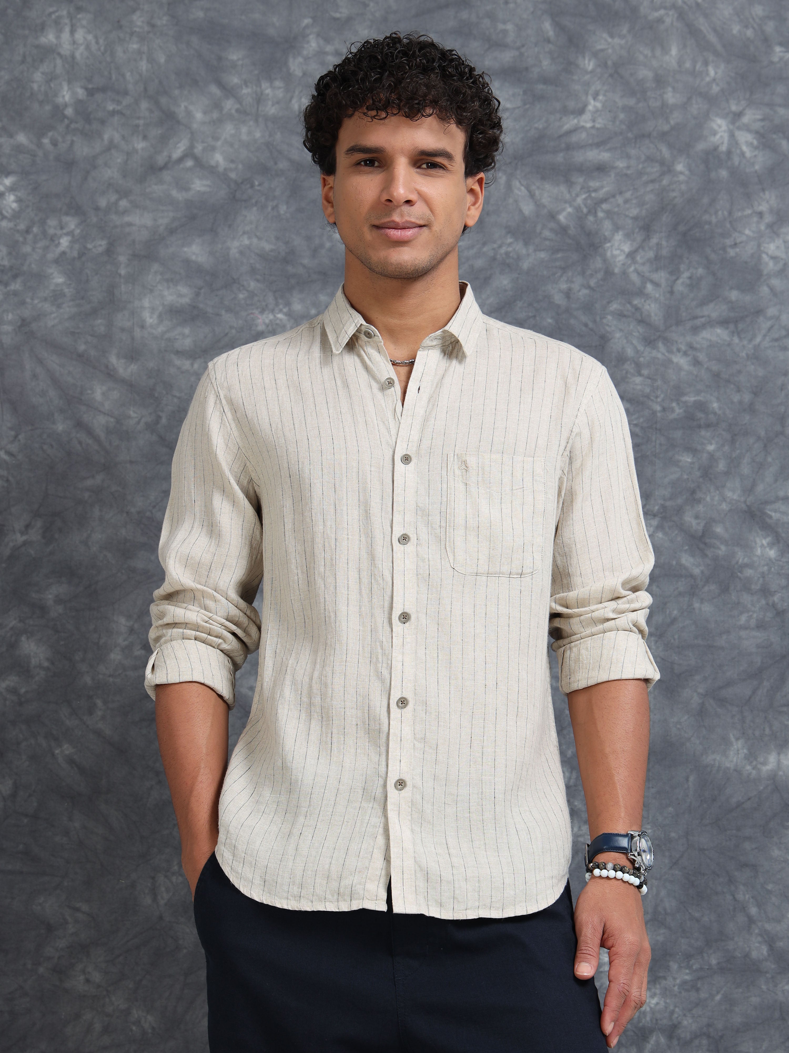 MEN'S DK.BEIGE STRIPES SLIM FIT LINEN SHIRT