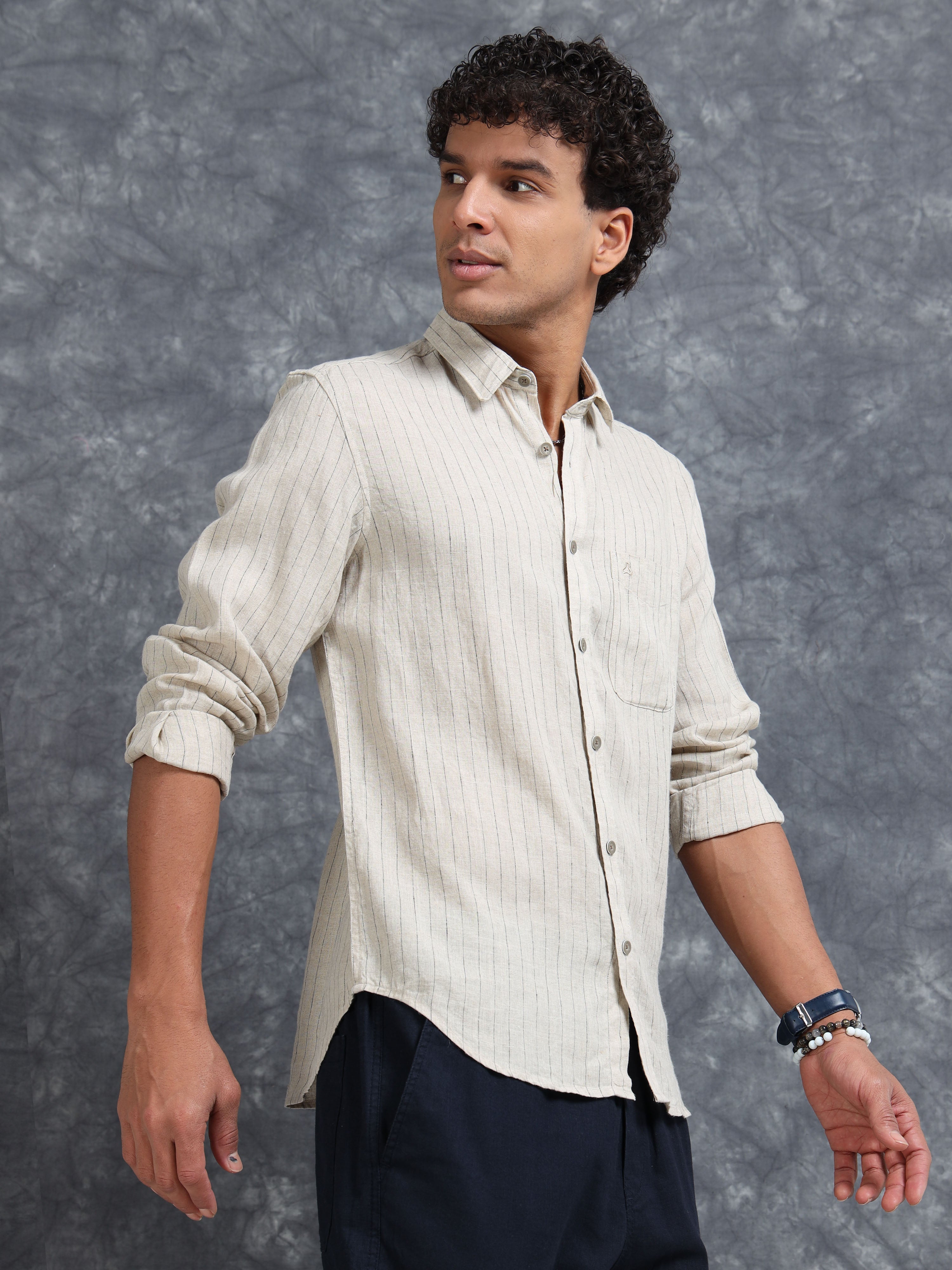 MEN'S DK.BEIGE STRIPES SLIM FIT LINEN SHIRT