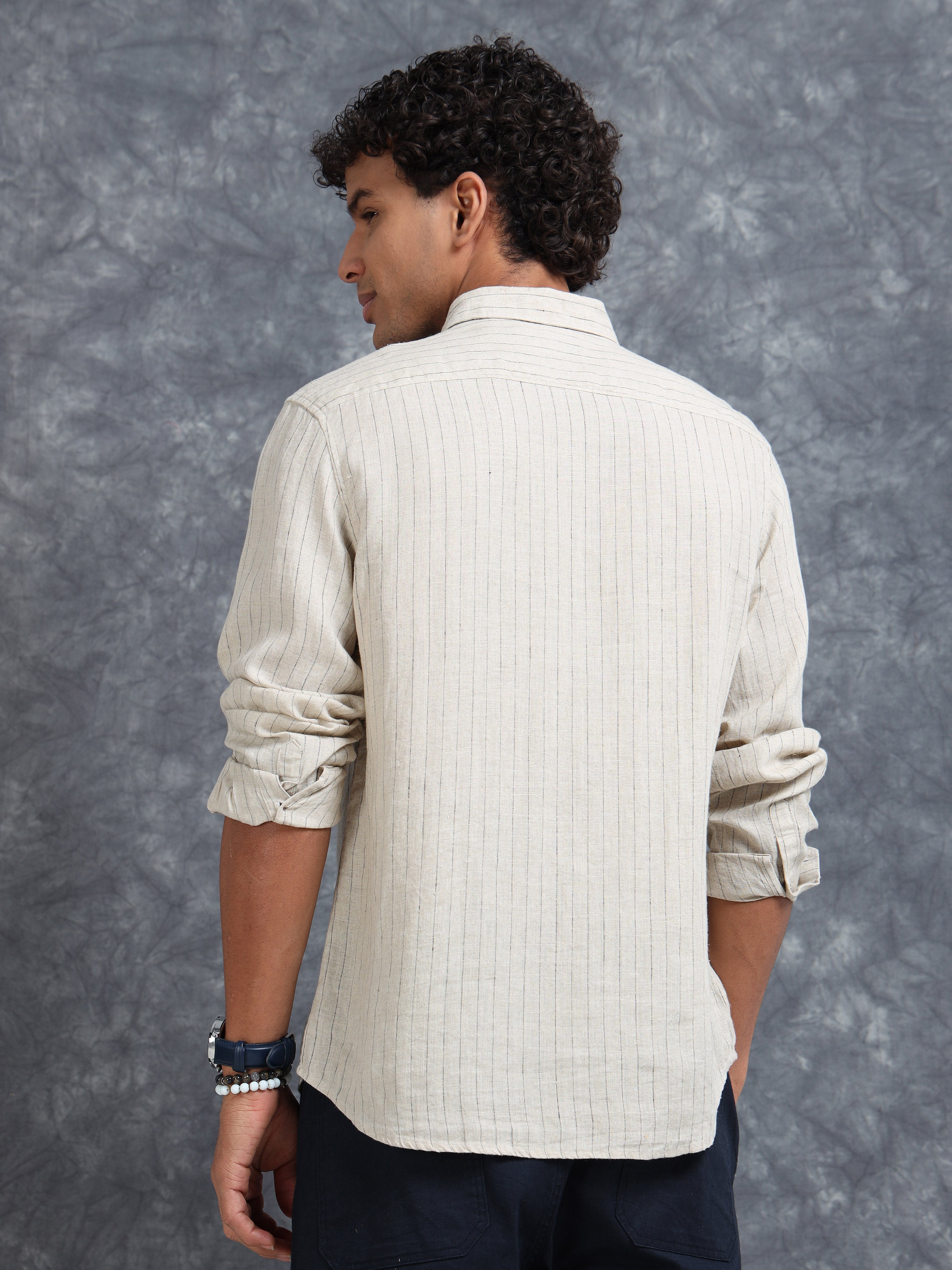 MEN'S DK.BEIGE STRIPES SLIM FIT LINEN SHIRT