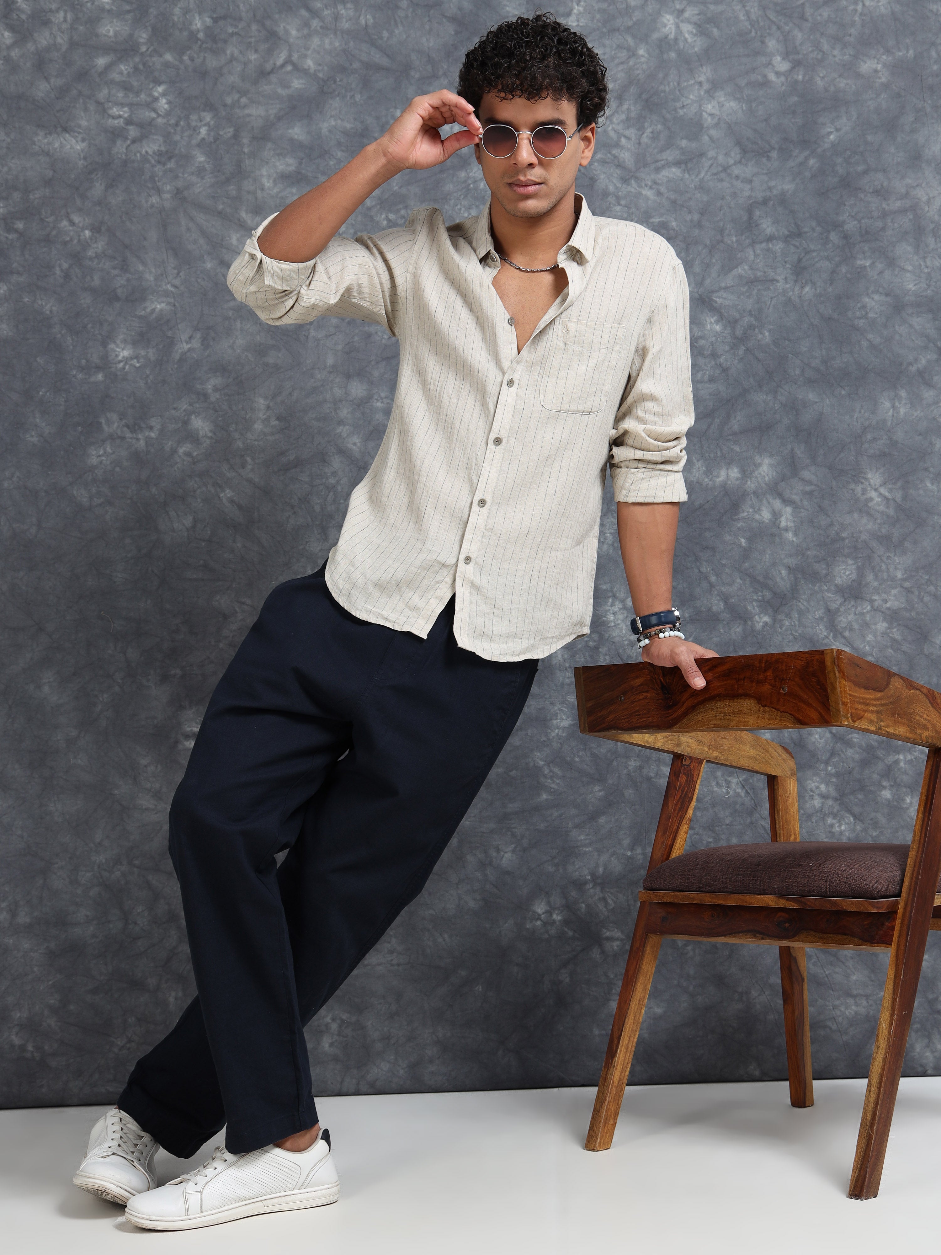 MEN'S DK.BEIGE STRIPES SLIM FIT LINEN SHIRT