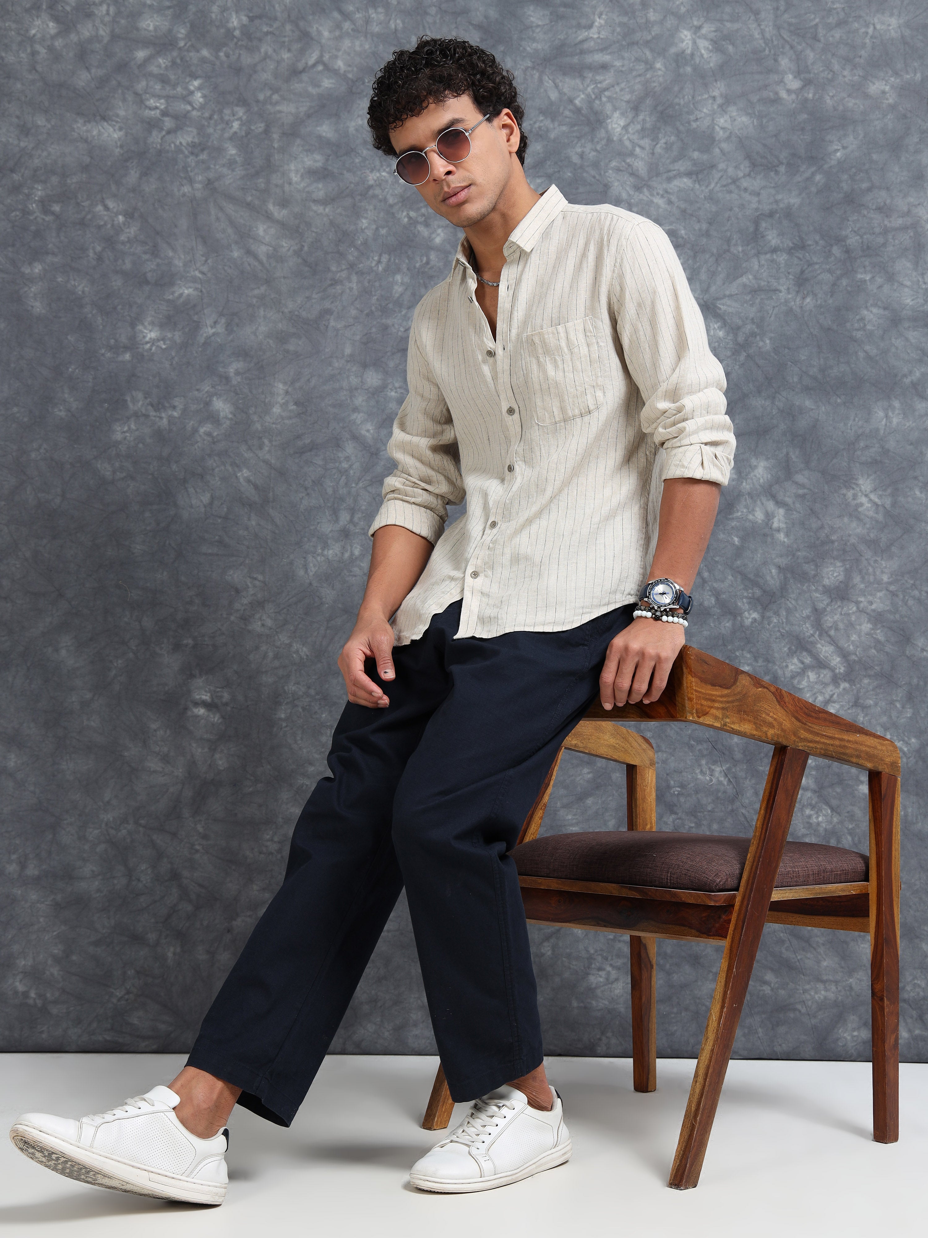 MEN'S DK.BEIGE STRIPES SLIM FIT LINEN SHIRT