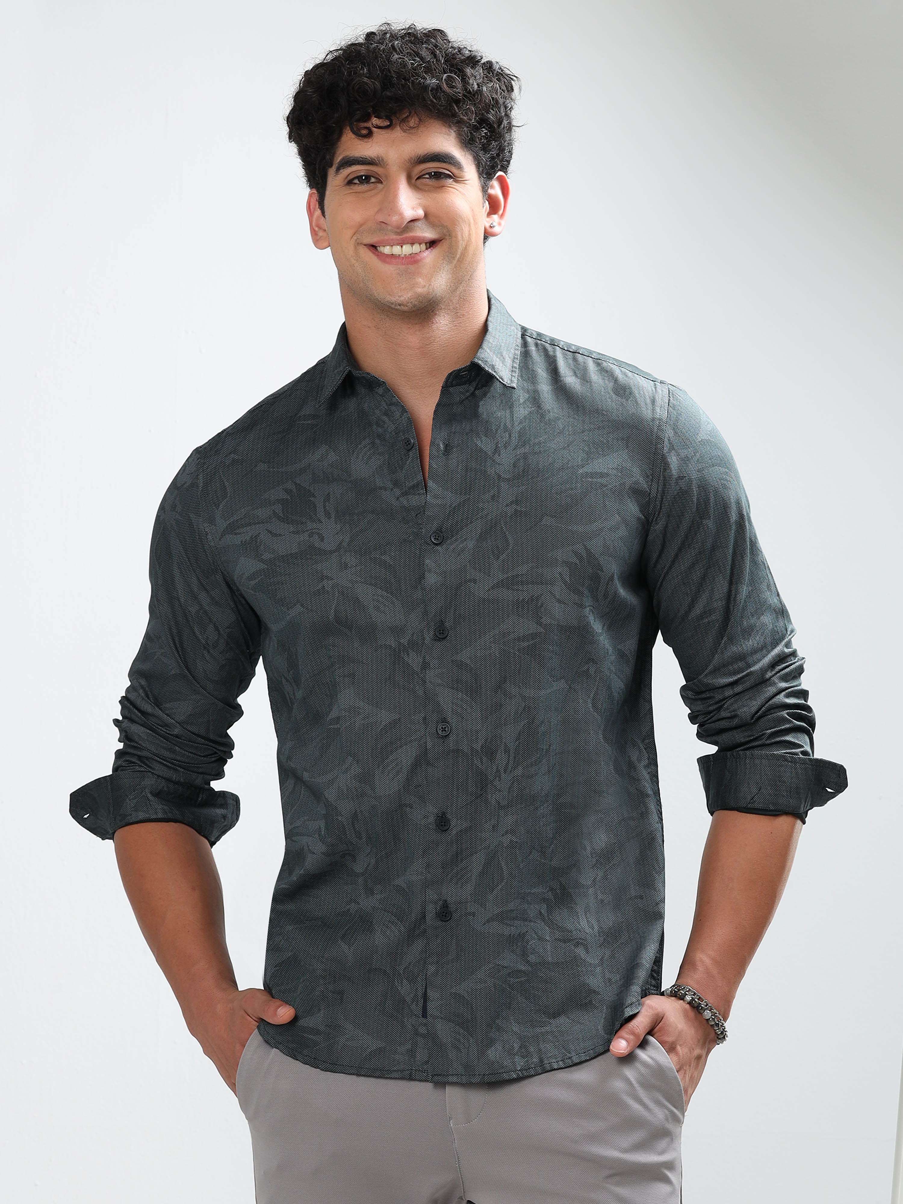MEN'S GREEN PRINT SLIM FIT SHIRT