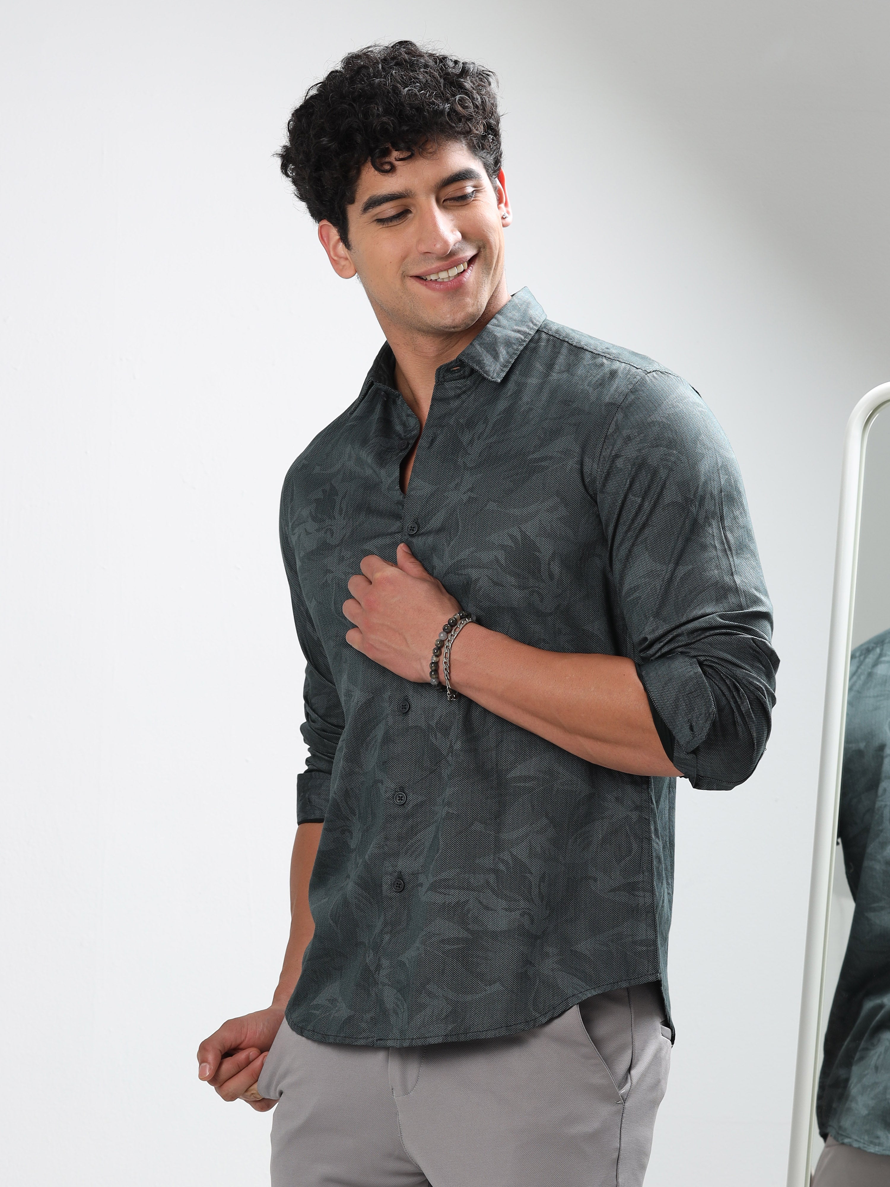 MEN'S GREEN PRINT SLIM FIT SHIRT