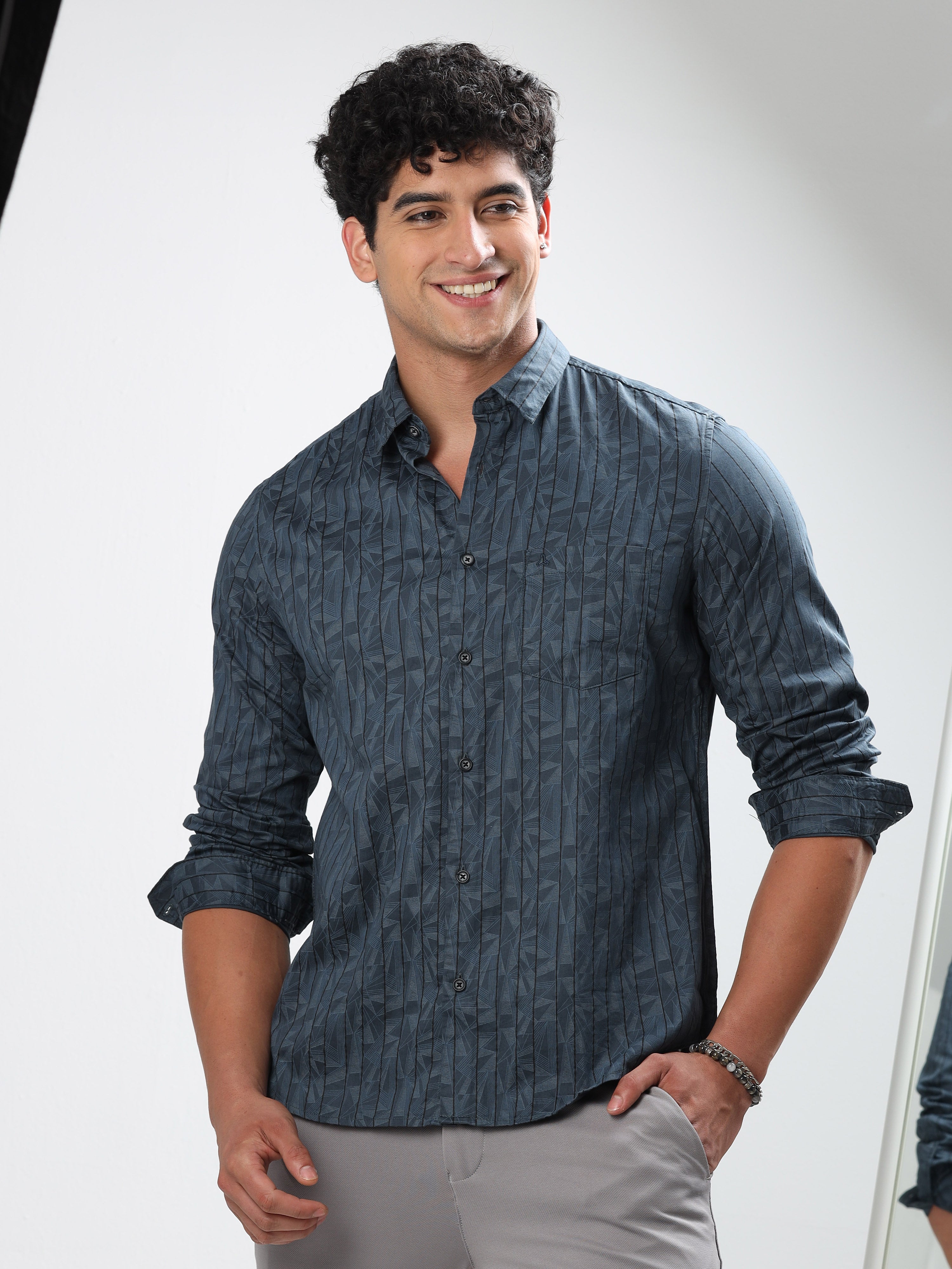 MEN'S P.GREEN PRINT SLIM FIT SHIRT