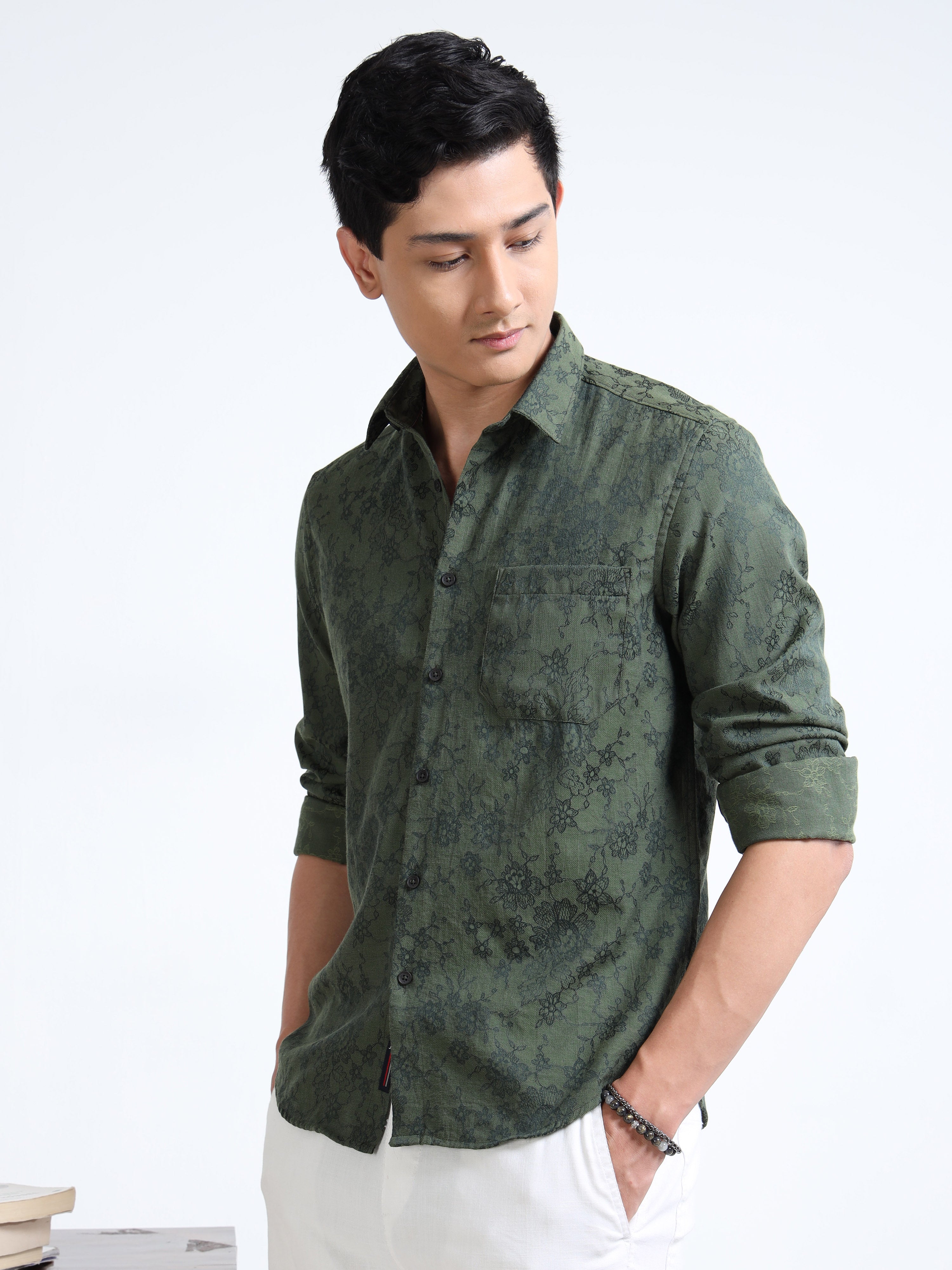 MEN'S GREEN SELF DESIGN SLIM FIT SHIRT