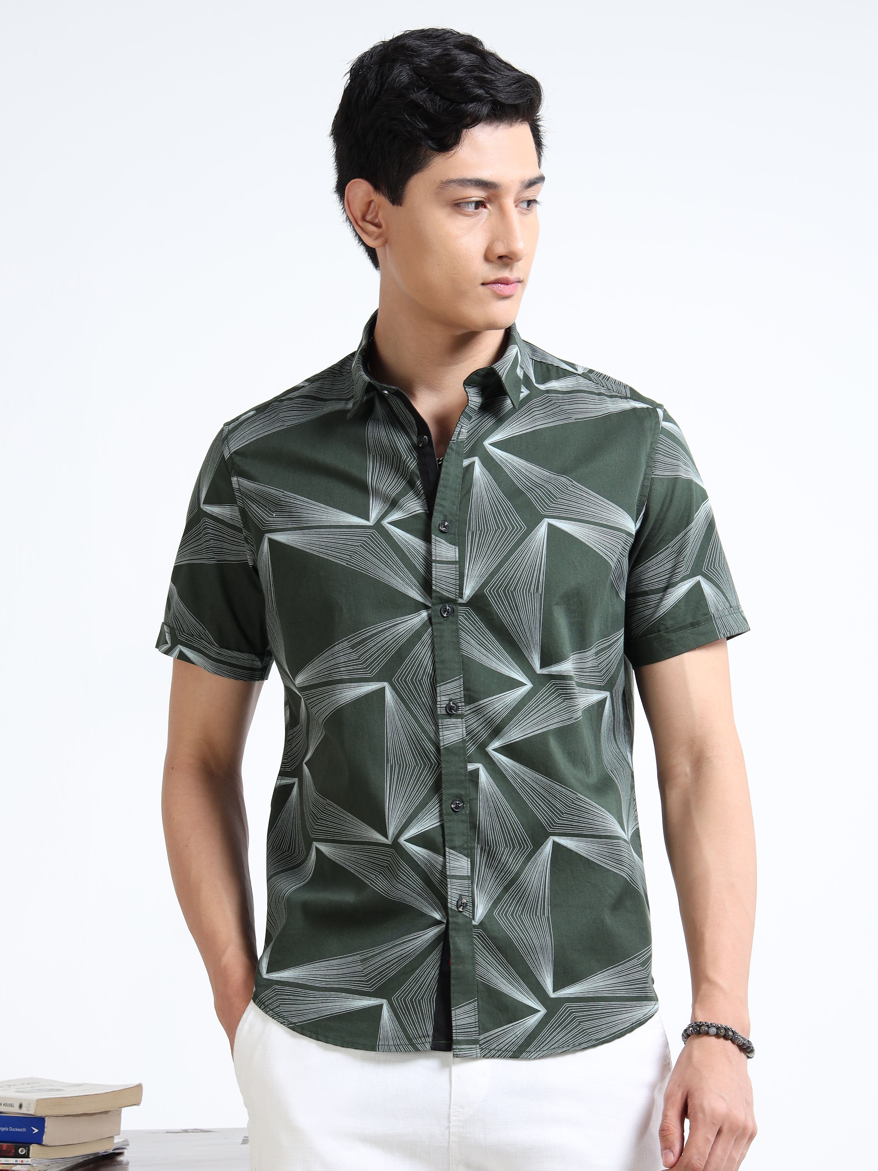 MEN'S GREEN PRINT SLIM FIT SHIRT