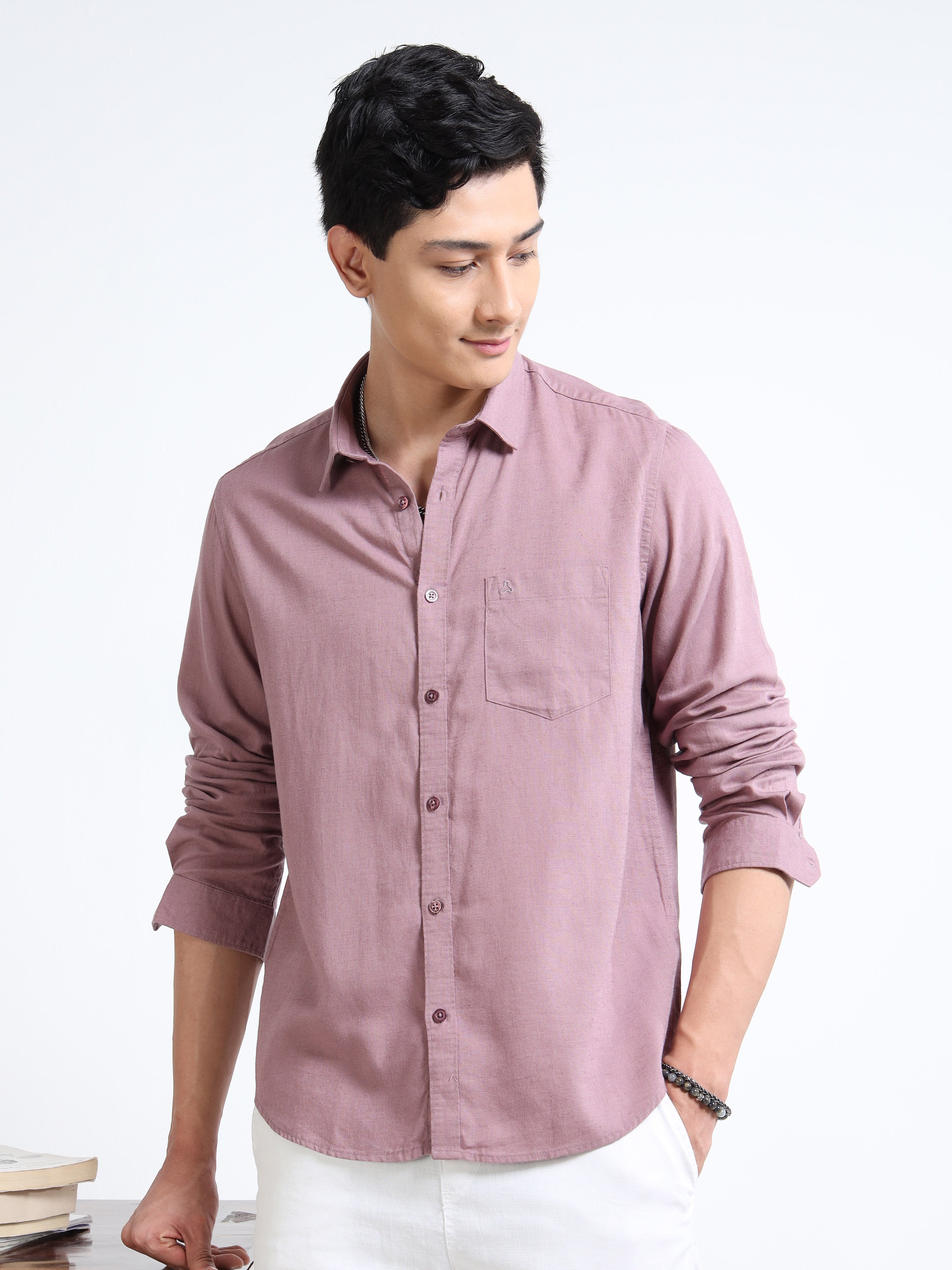 MEN'S ROSE SOLID SLIM FIT LINEN SHIRT
