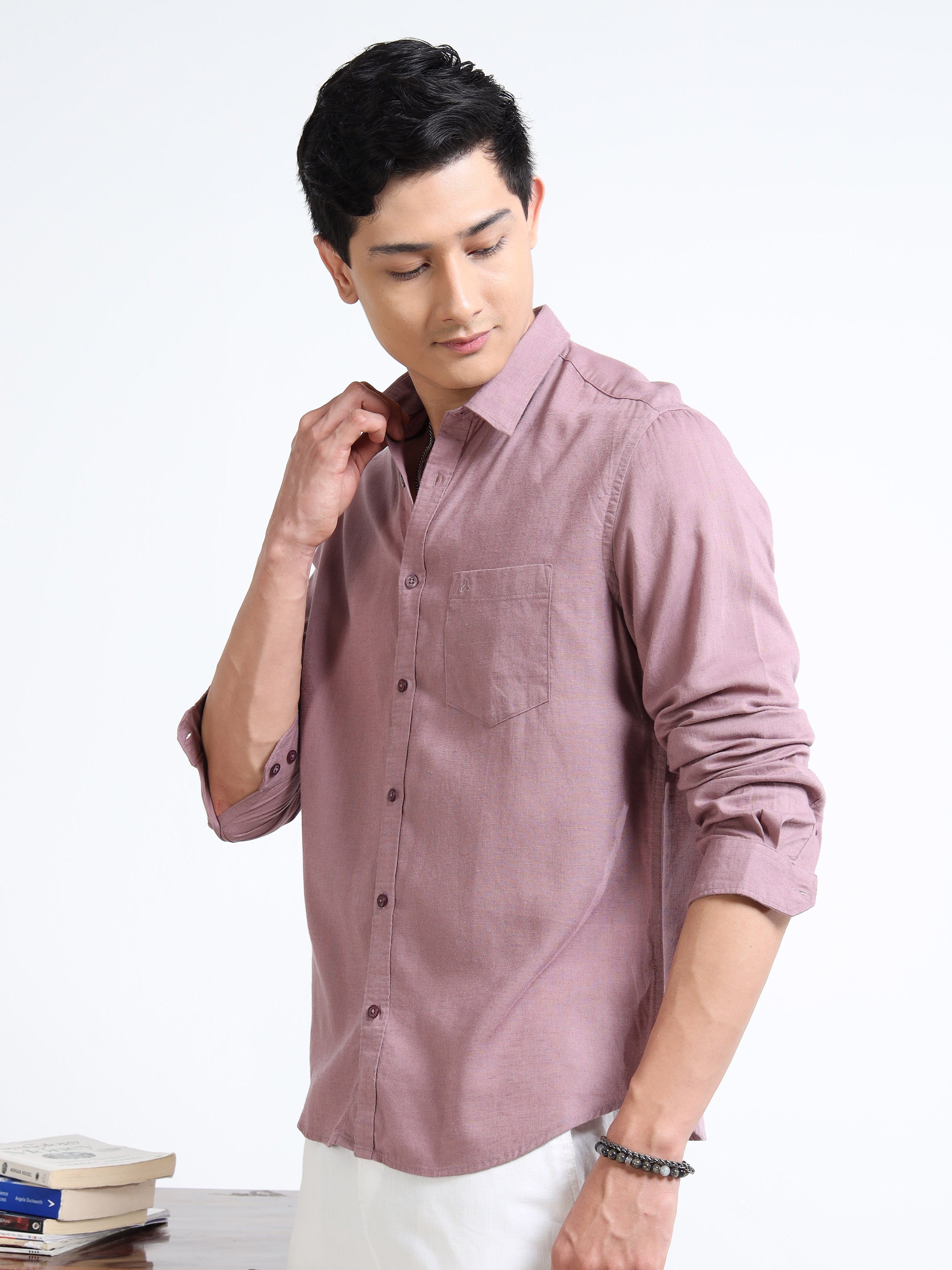 MEN'S ROSE SOLID SLIM FIT LINEN SHIRT