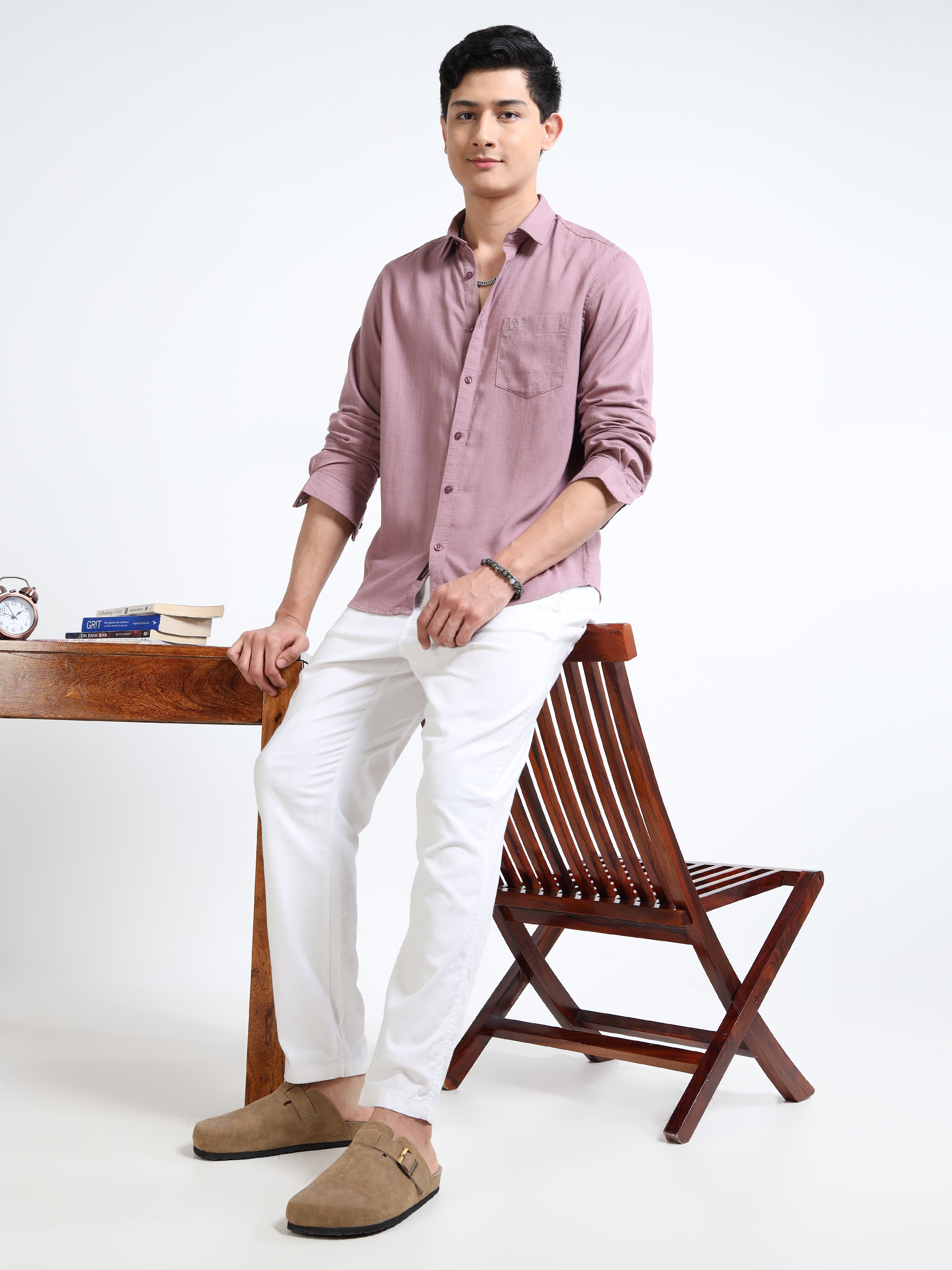 MEN'S ROSE SOLID SLIM FIT LINEN SHIRT