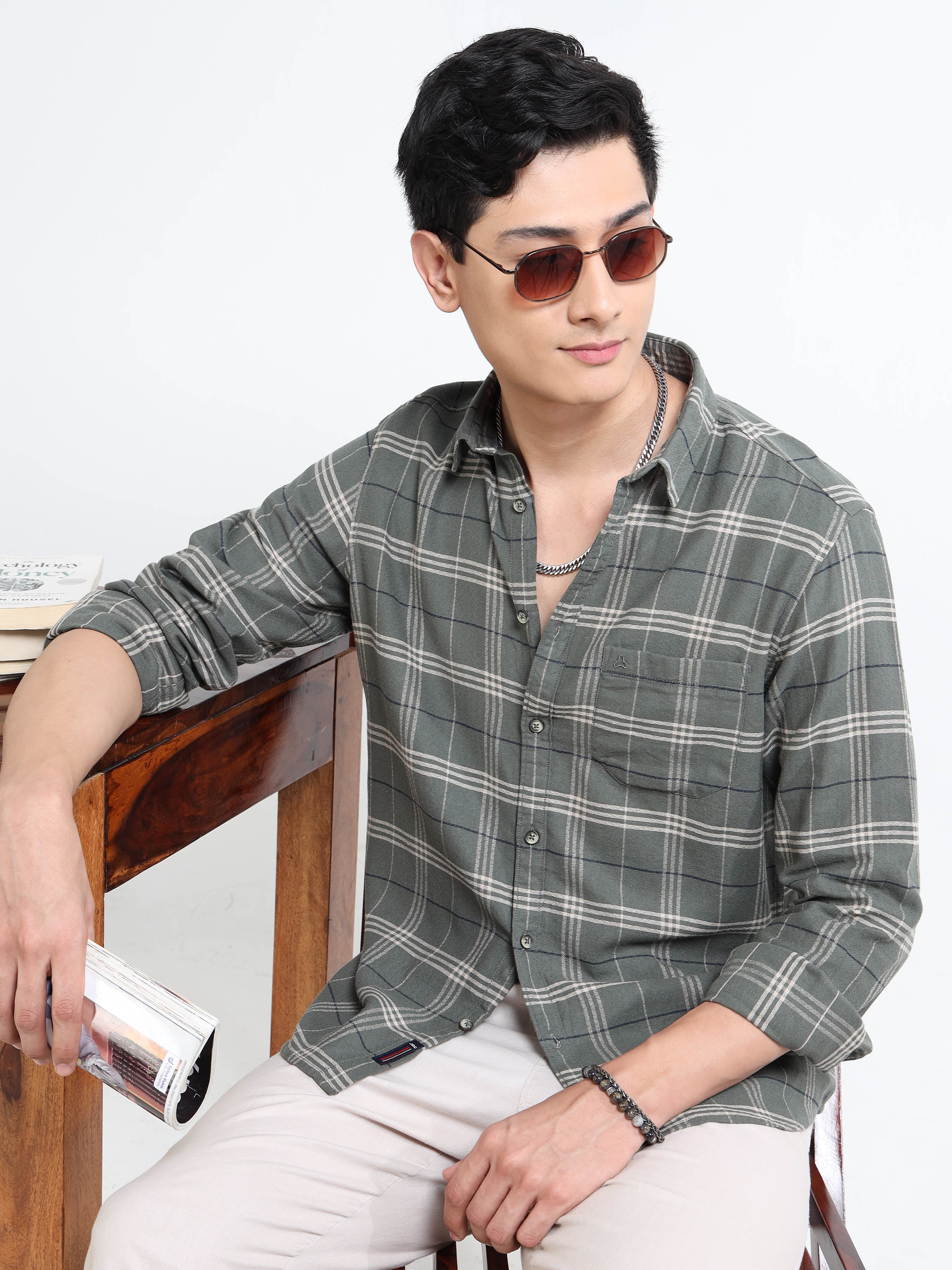 MEN'S GREEN CHECKS SLIM FIT SHIRT