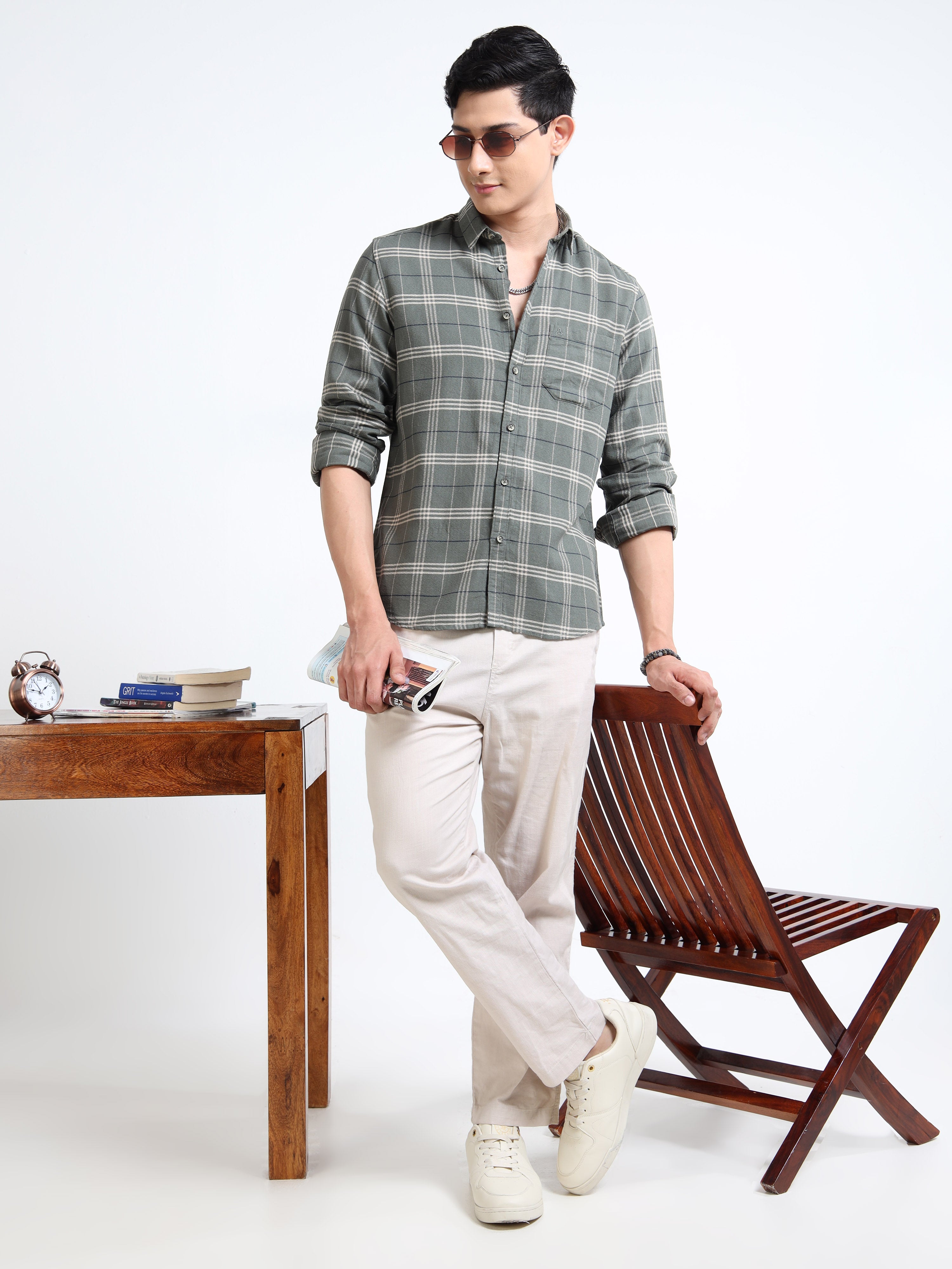 MEN'S GREEN CHECKS SLIM FIT SHIRT