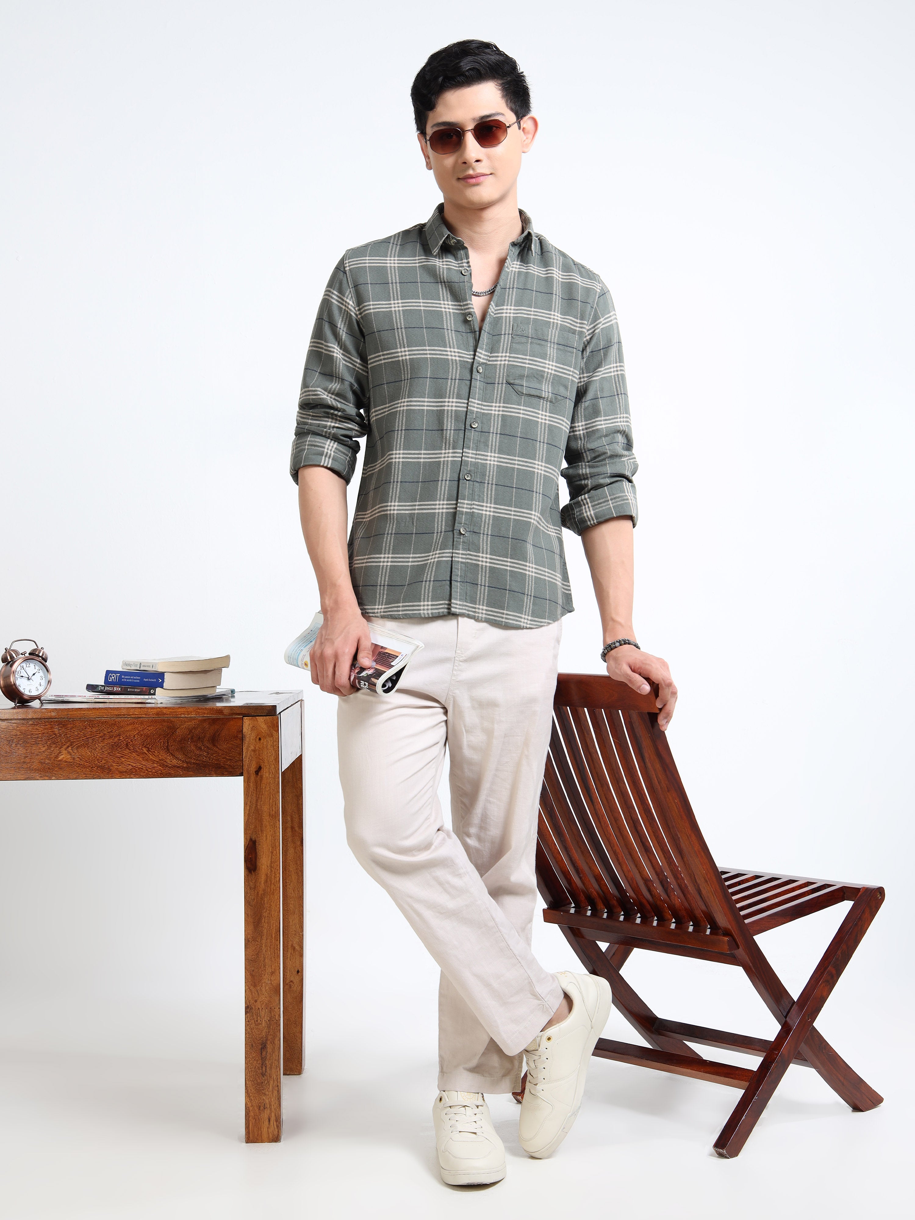 MEN'S GREEN CHECKS SLIM FIT SHIRT