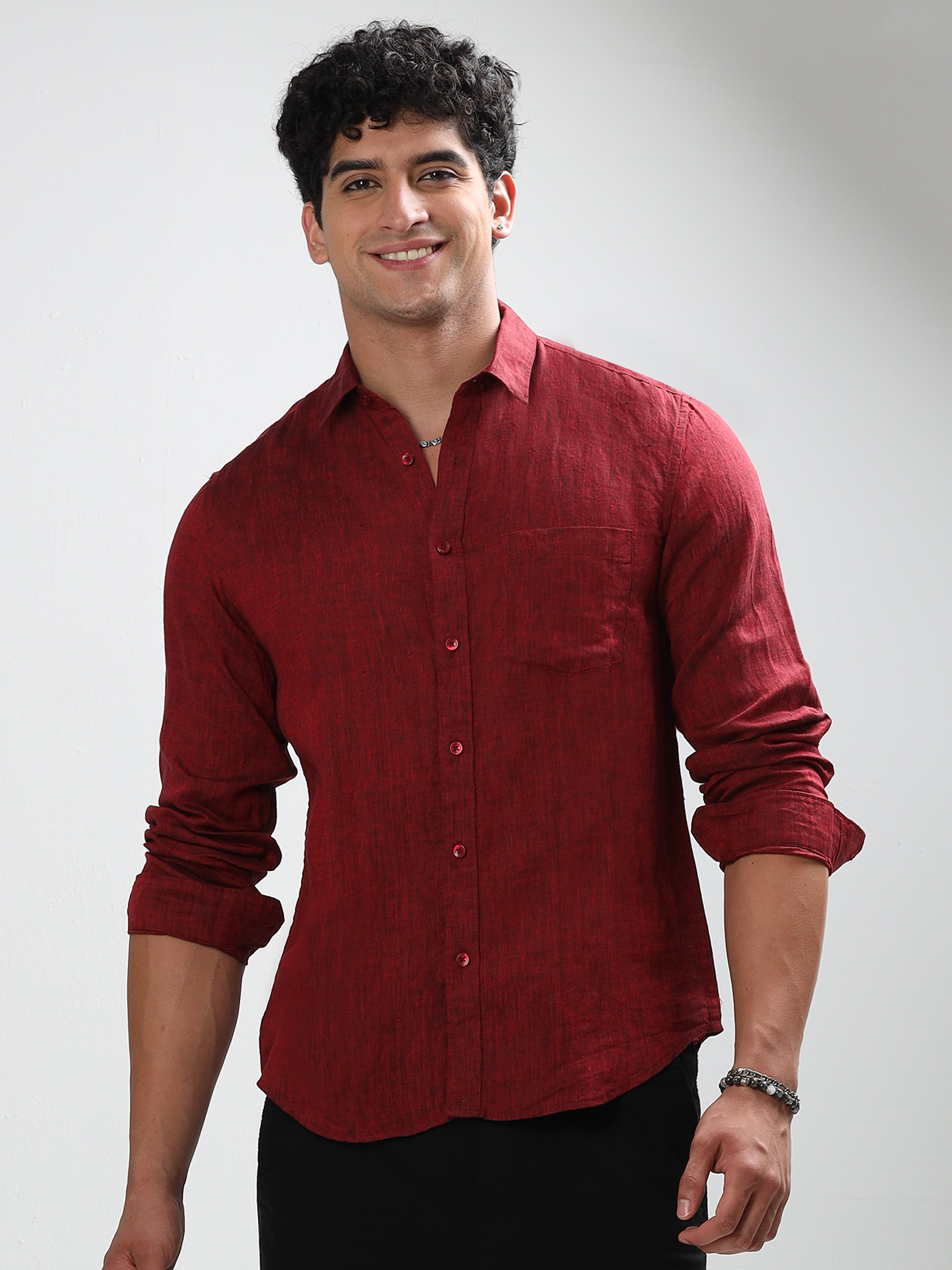 MEN'S MAROON SOLID SLIM FIT LINEN SHIRT