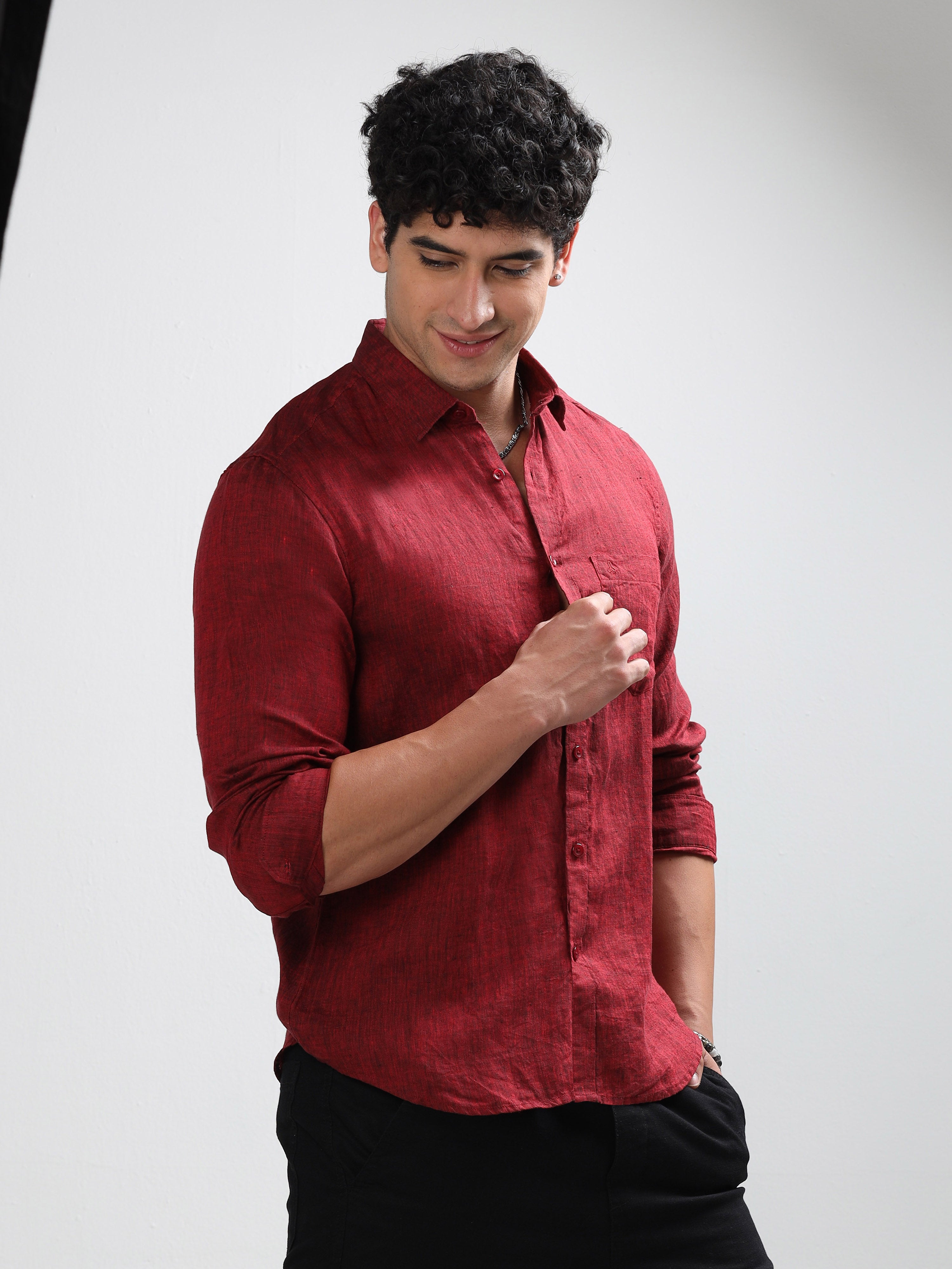 MEN'S MAROON SOLID SLIM FIT LINEN SHIRT