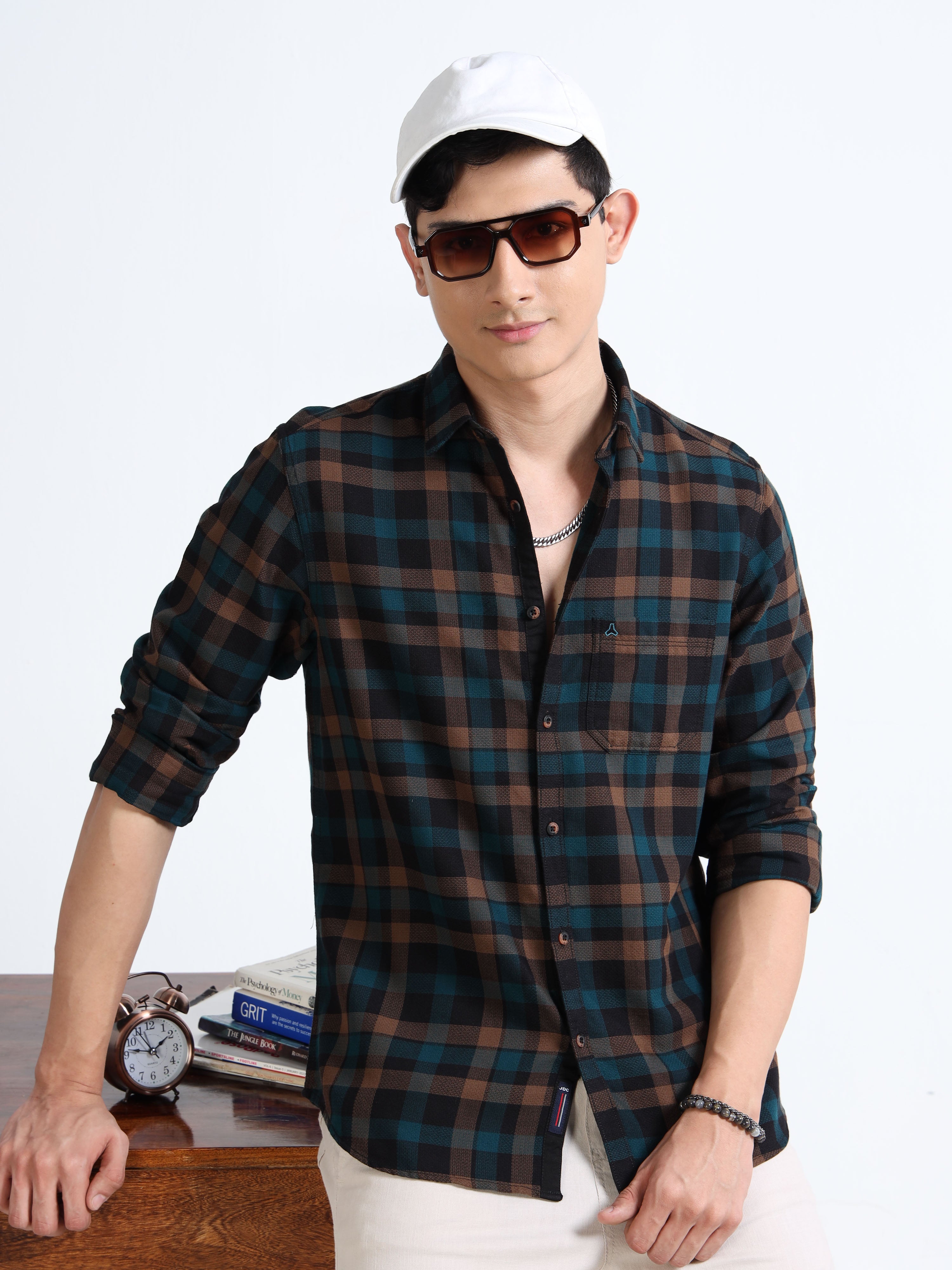 MEN'S DK.KHAKI CHECKS SLIM FIT SHIRT