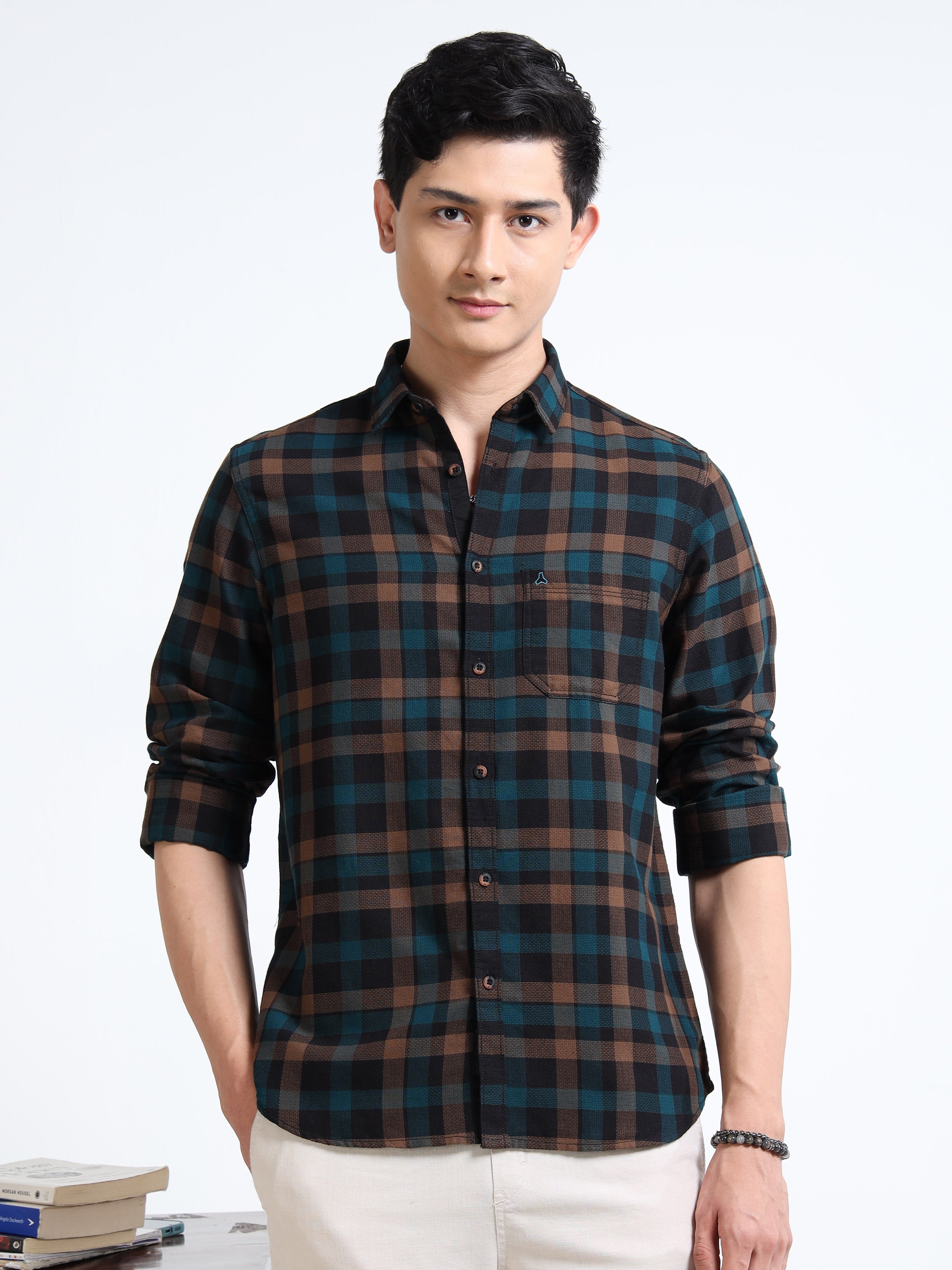 MEN'S DK.KHAKI CHECKS SLIM FIT SHIRT