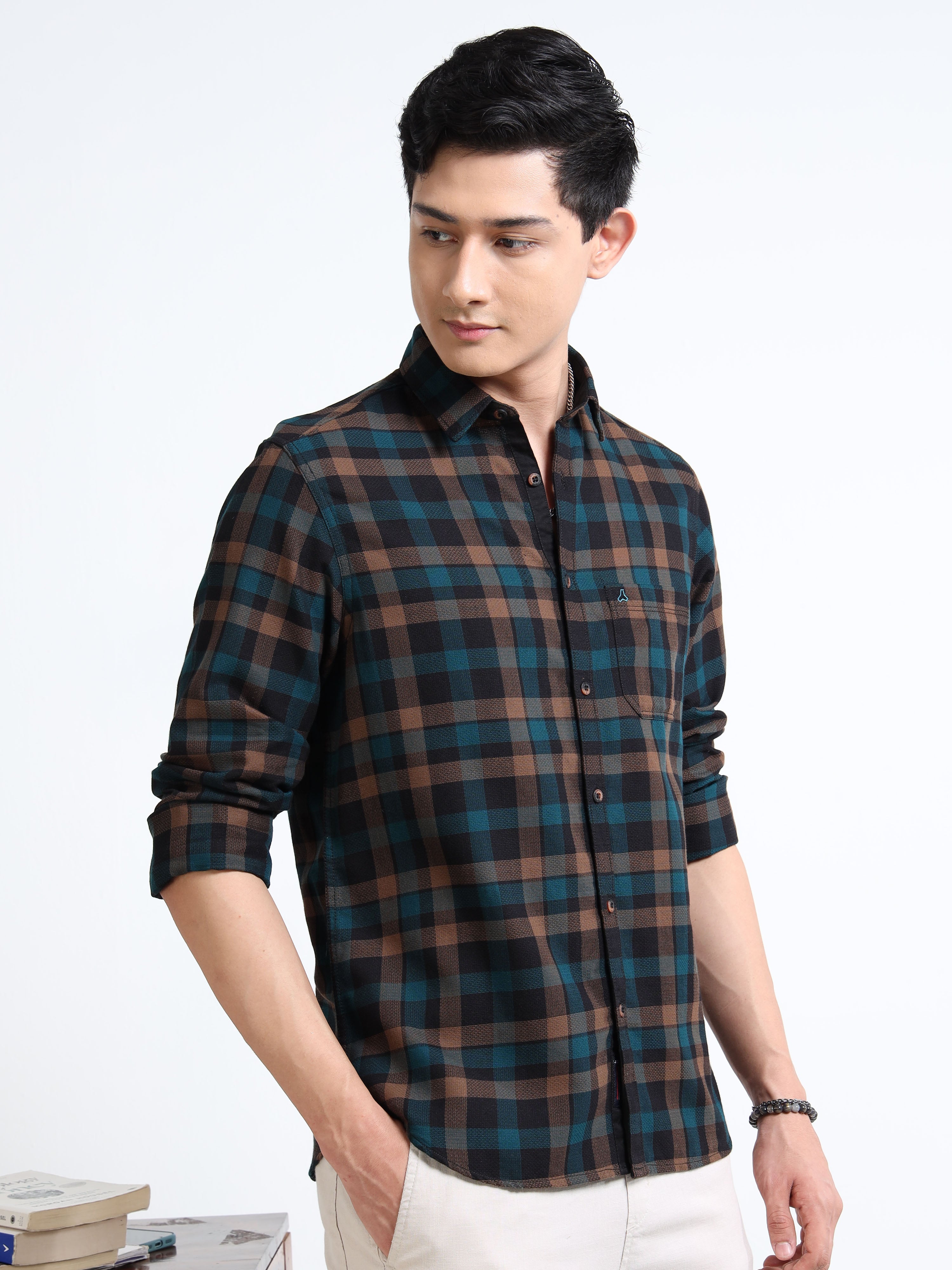 MEN'S DK.KHAKI CHECKS SLIM FIT SHIRT