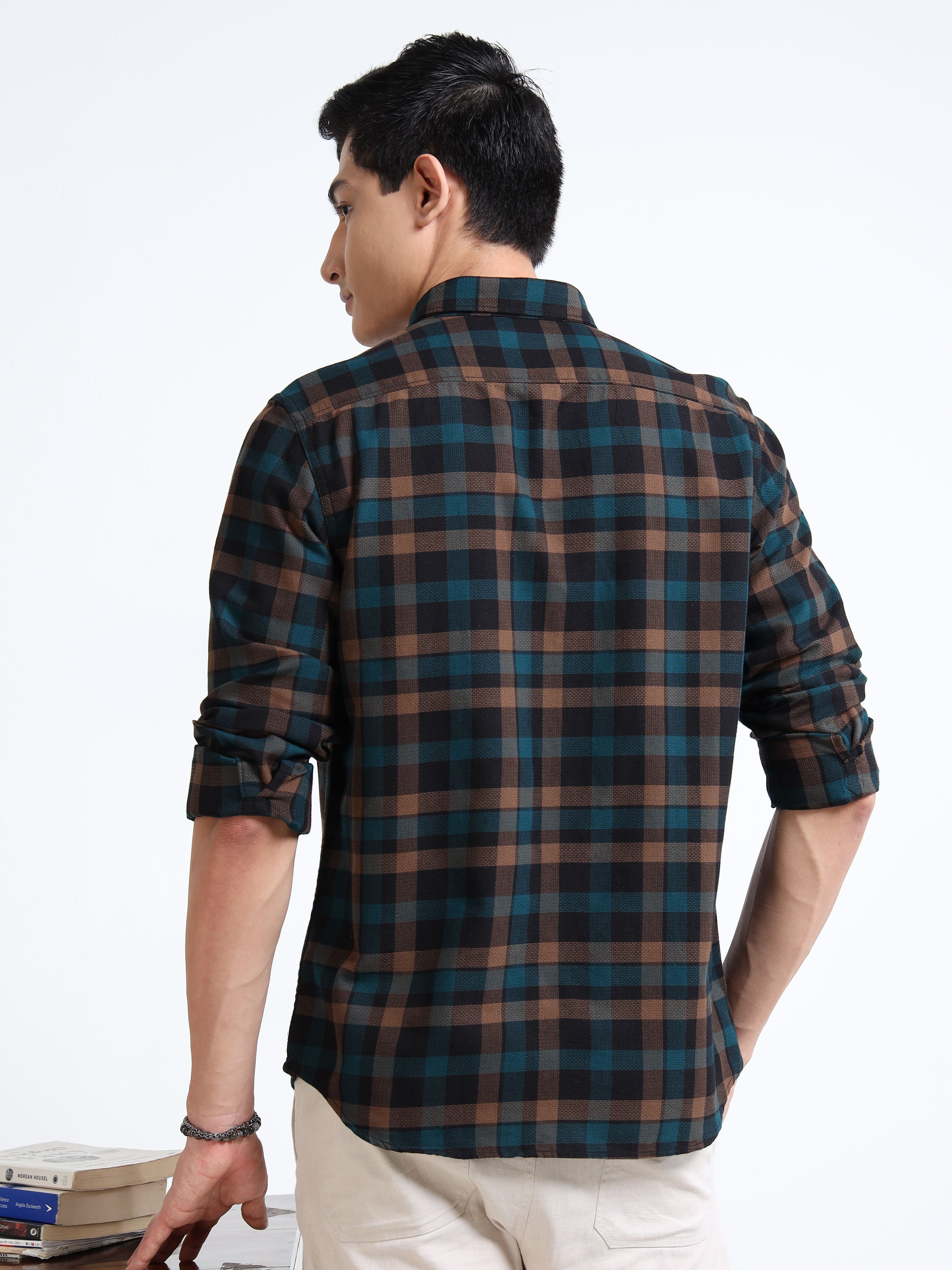 MEN'S DK.KHAKI CHECKS SLIM FIT SHIRT